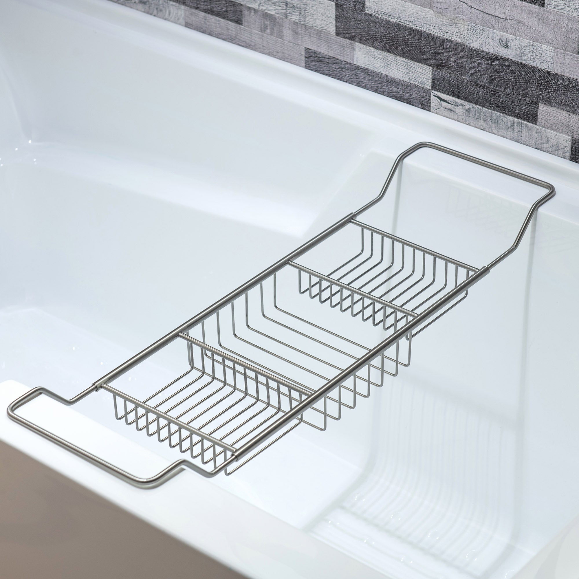 WOODBRIDGE Stainless Steel Extendable Bathtub Caddy Tray in Brushed Nickel Finish with Removable Wine Holder, Book and Phone Rack, Bathcad-BN