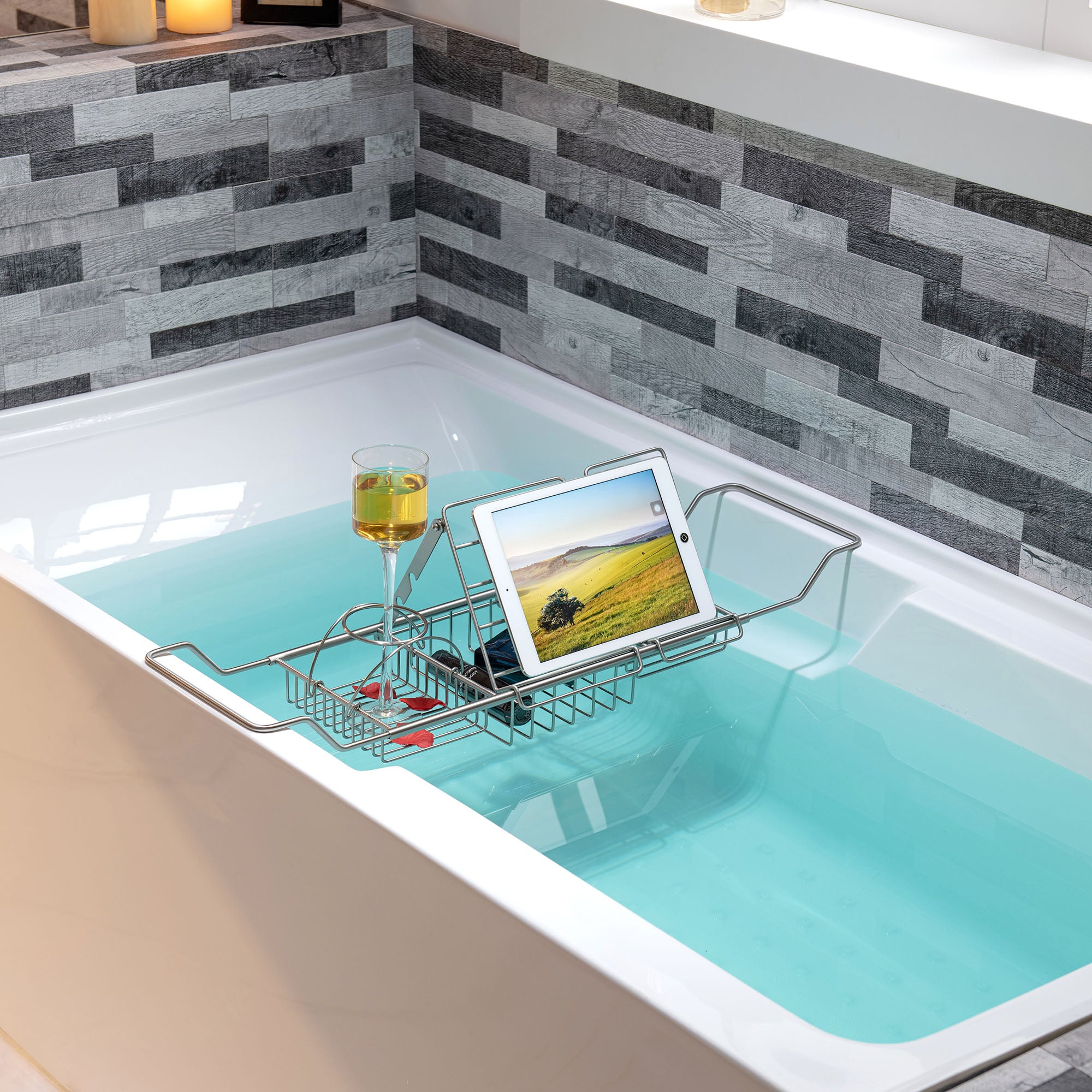 WOODBRIDGE Stainless Steel Extendable Bathtub Caddy Tray in Brushed Nickel Finish with Removable Wine Holder, Book and Phone Rack, Bathcad-BN
