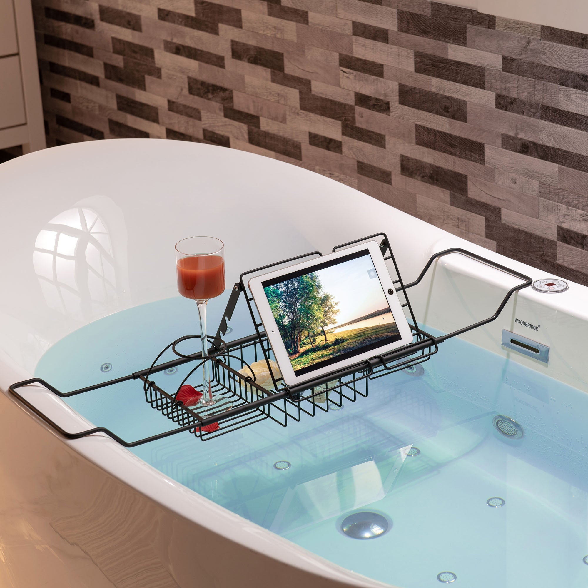 WOODBRIDGE Stainless Steel Extendable Bathtub Caddy Tray in Matte Black Finish with Removable Wine Holder, Book and Phone Rack, Bathcad-MB