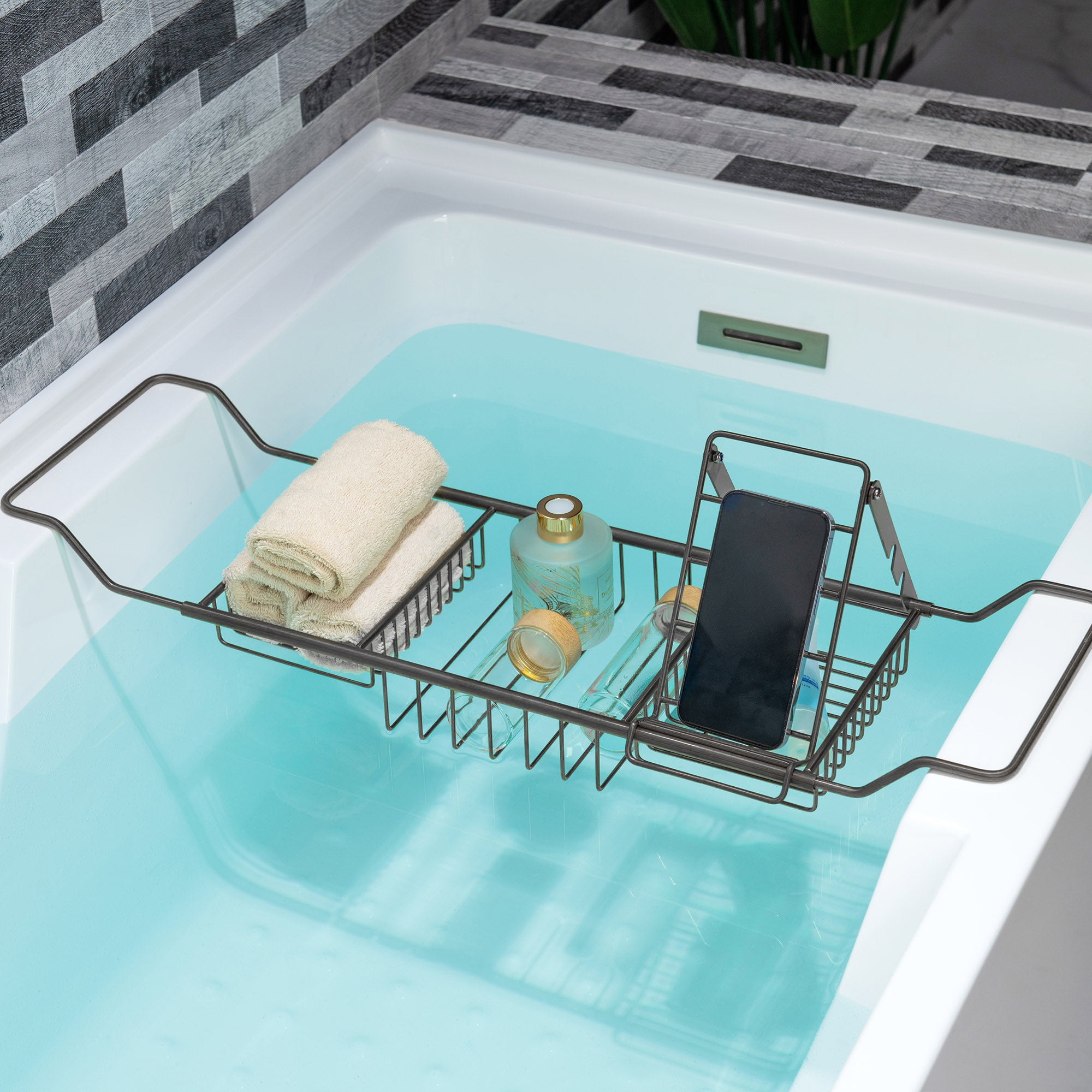WOODBRIDGE Stainless Steel Extendable Bathtub Caddy Tray in Matte Black Finish with Removable Wine Holder, Book and Phone Rack, Bathcad-MB