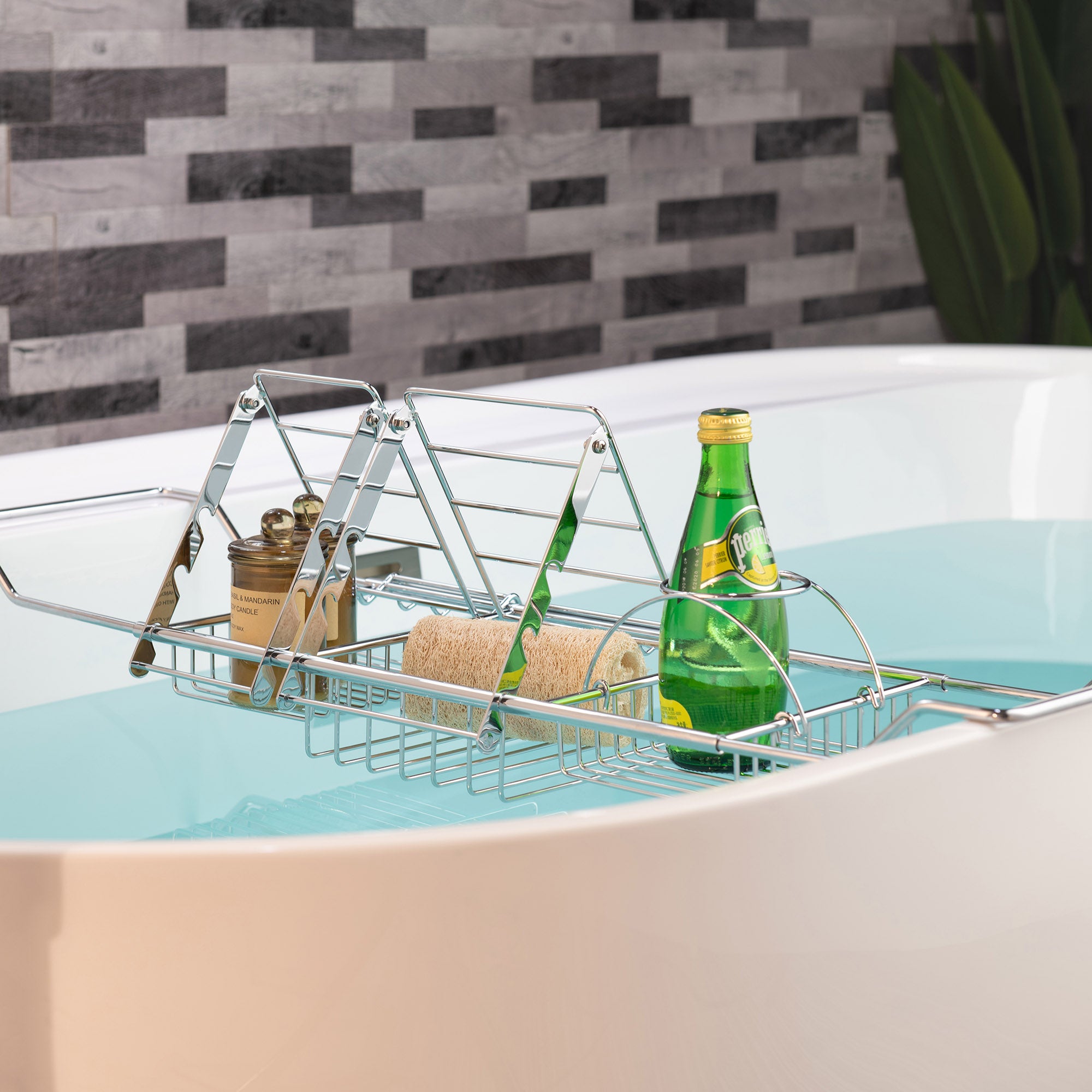 WOODBRIDGE Stainless Steel Extendable Bathtub Caddy Tray in Polished Chrome Finish with Removable Wine Holder, Book and Phone Rack, Bathcad-CH