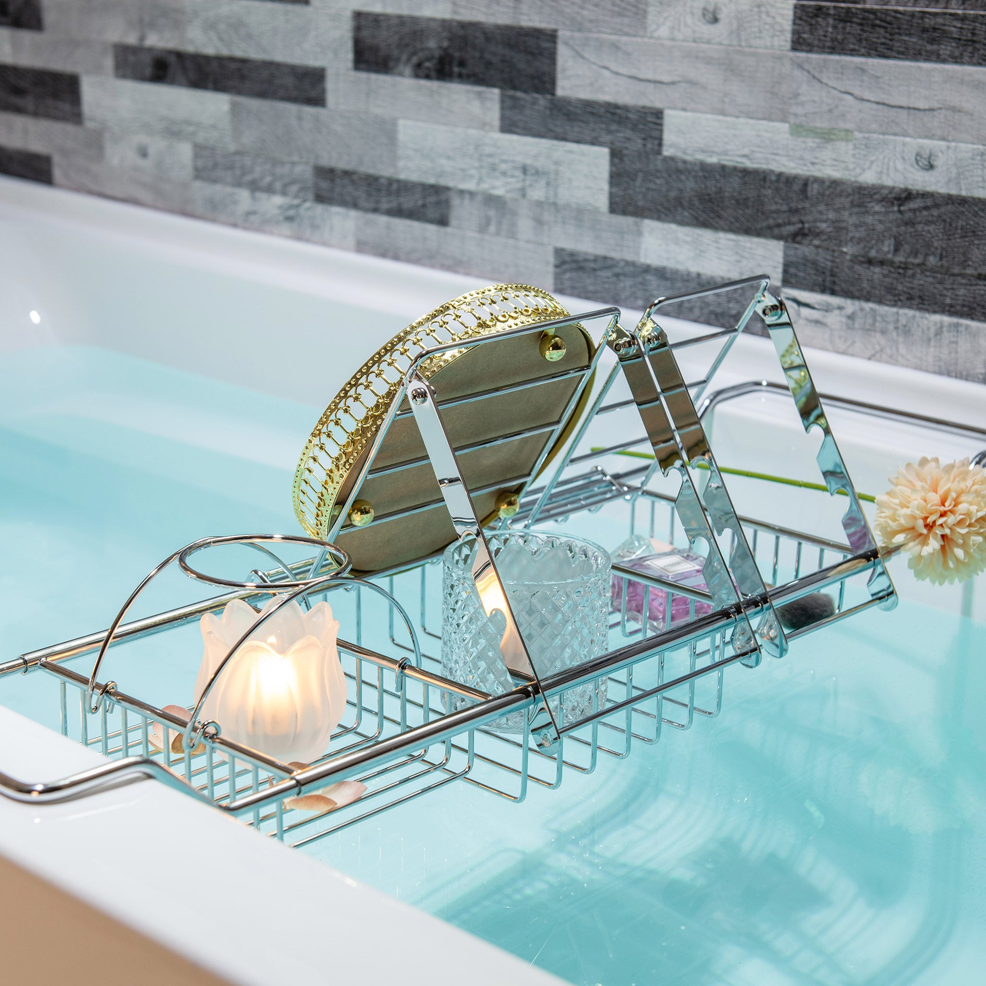 WOODBRIDGE Stainless Steel Extendable Bathtub Caddy Tray in Polished Chrome Finish with Removable Wine Holder, Book and Phone Rack, Bathcad-CH