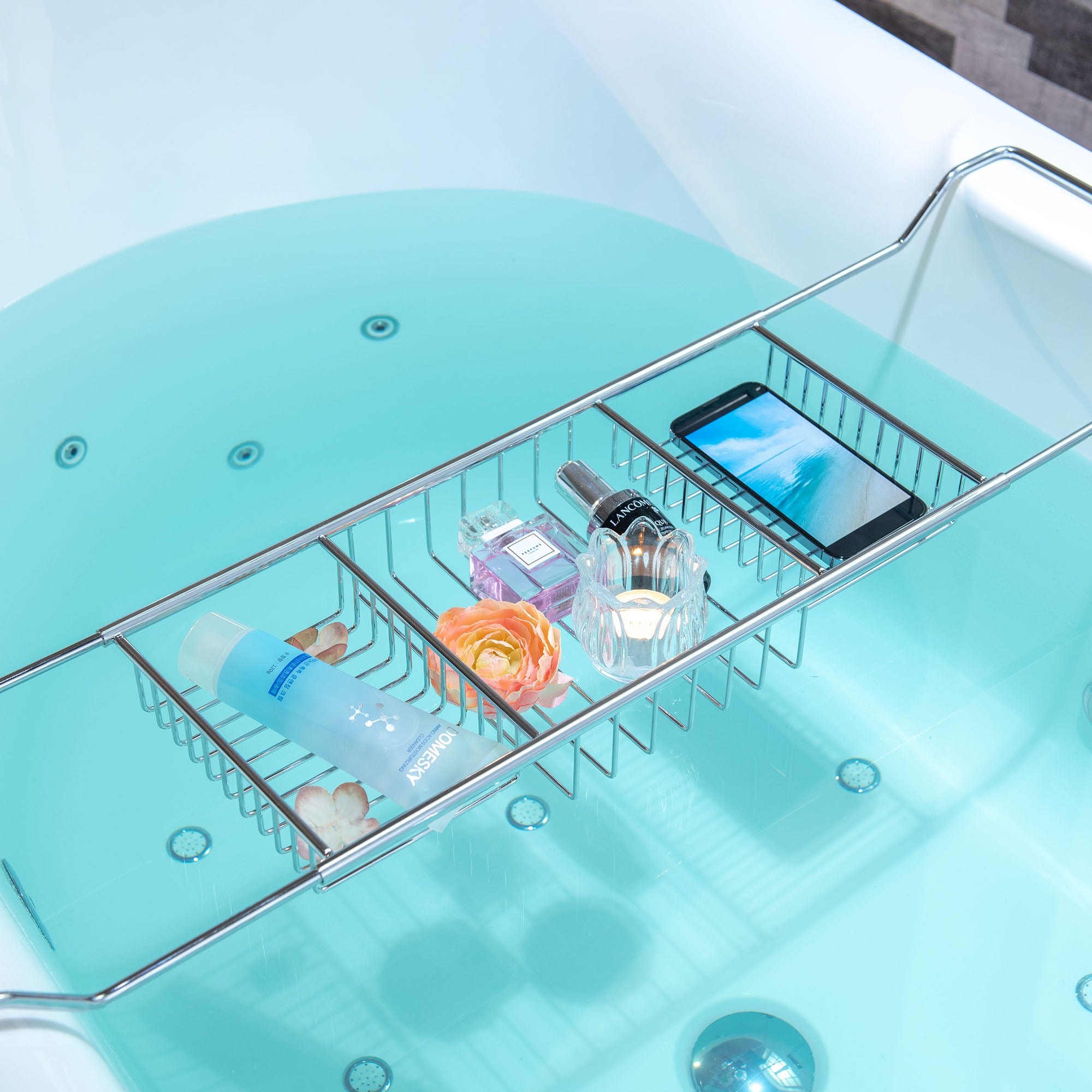WOODBRIDGE Stainless Steel Extendable Bathtub Caddy Tray in Polished Chrome Finish with Removable Wine Holder, Book and Phone Rack, Bathcad-CH