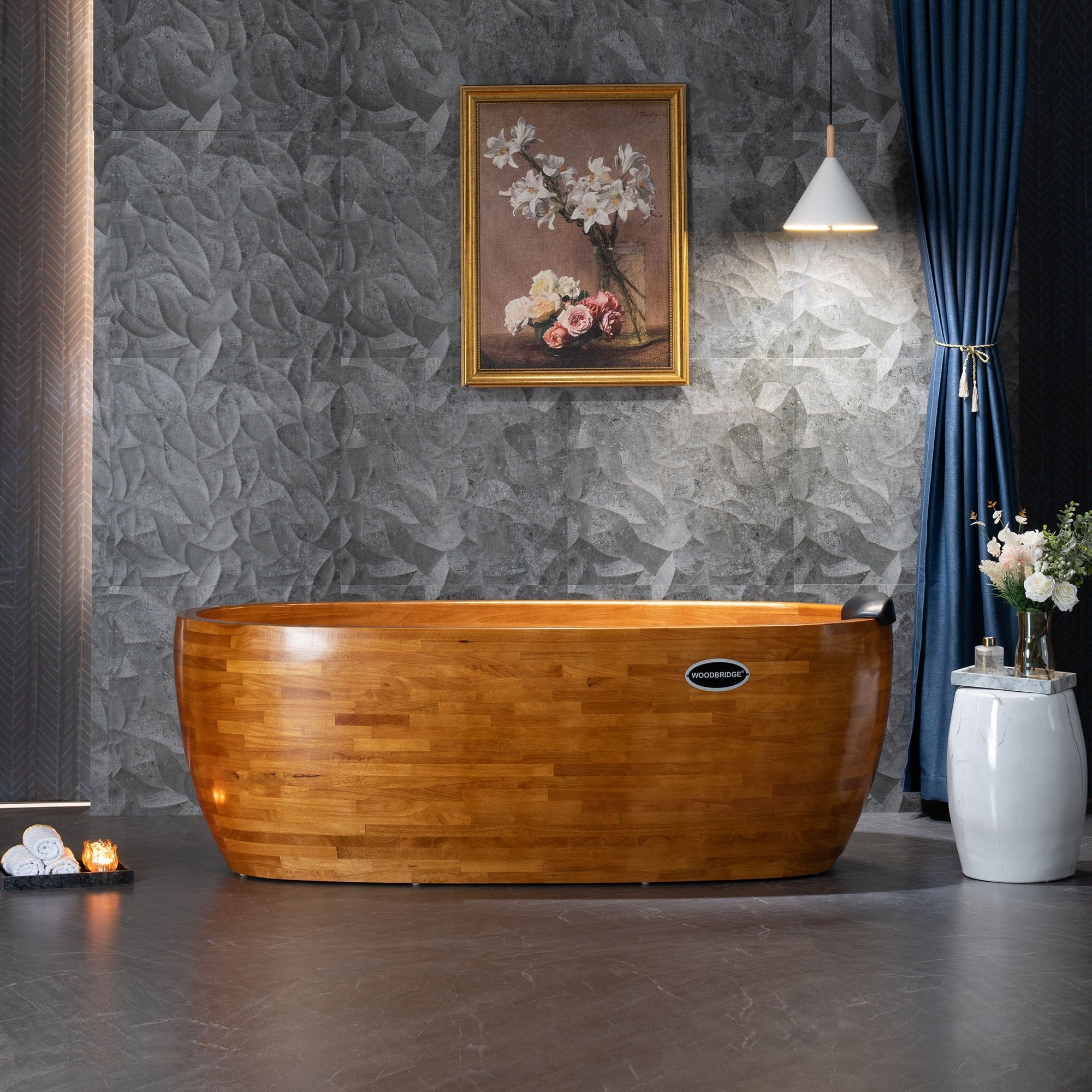 WOODBRIDGE 67" Freestanding Handcrafted Natural Wood Soaking Bathtub with Wood Lid, wood seat, Pillow and Chrome Pop Up Drain, WB1028