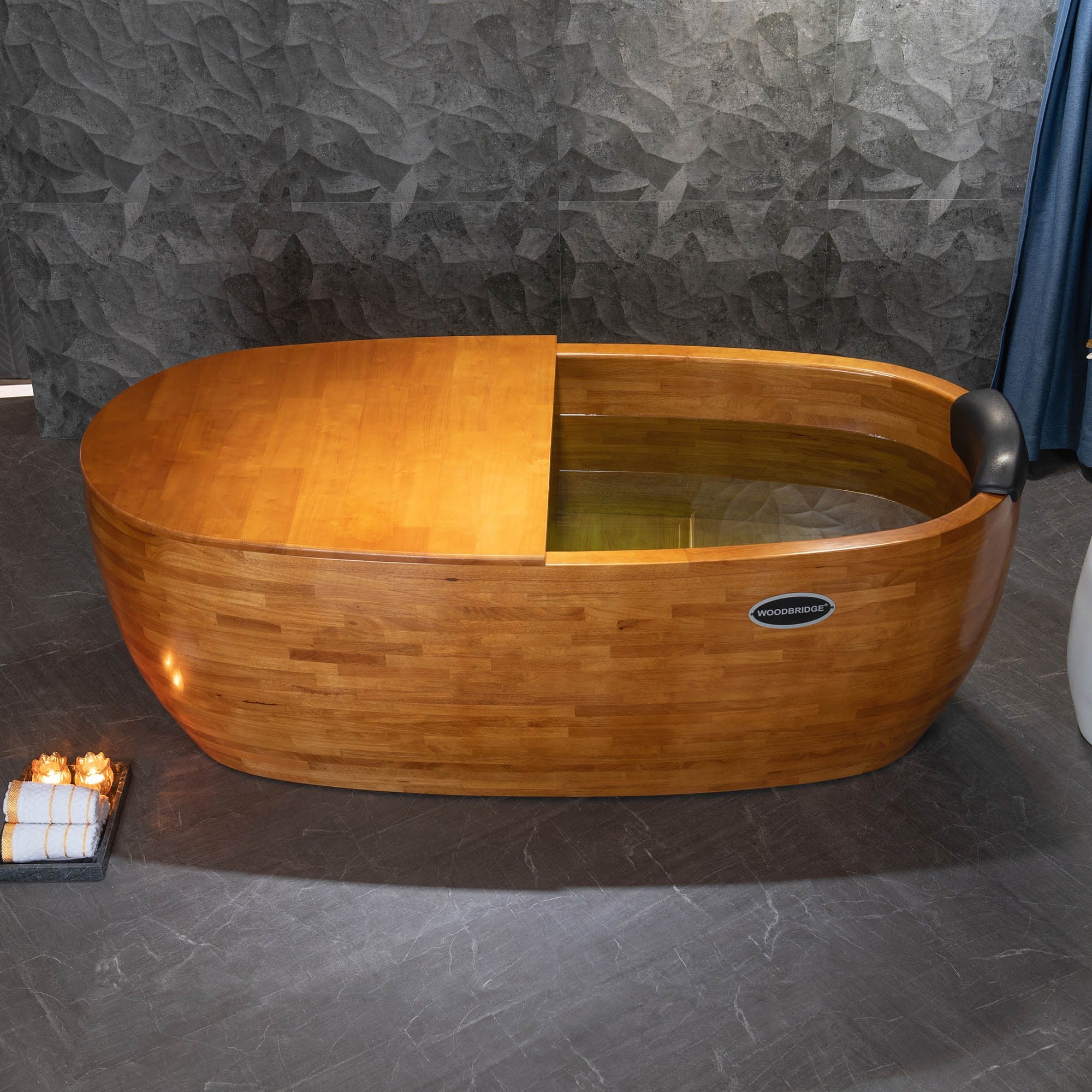WOODBRIDGE 67" Freestanding Handcrafted Natural Wood Soaking Bathtub with Wood Lid, wood seat, Pillow and Chrome Pop Up Drain, WB1028