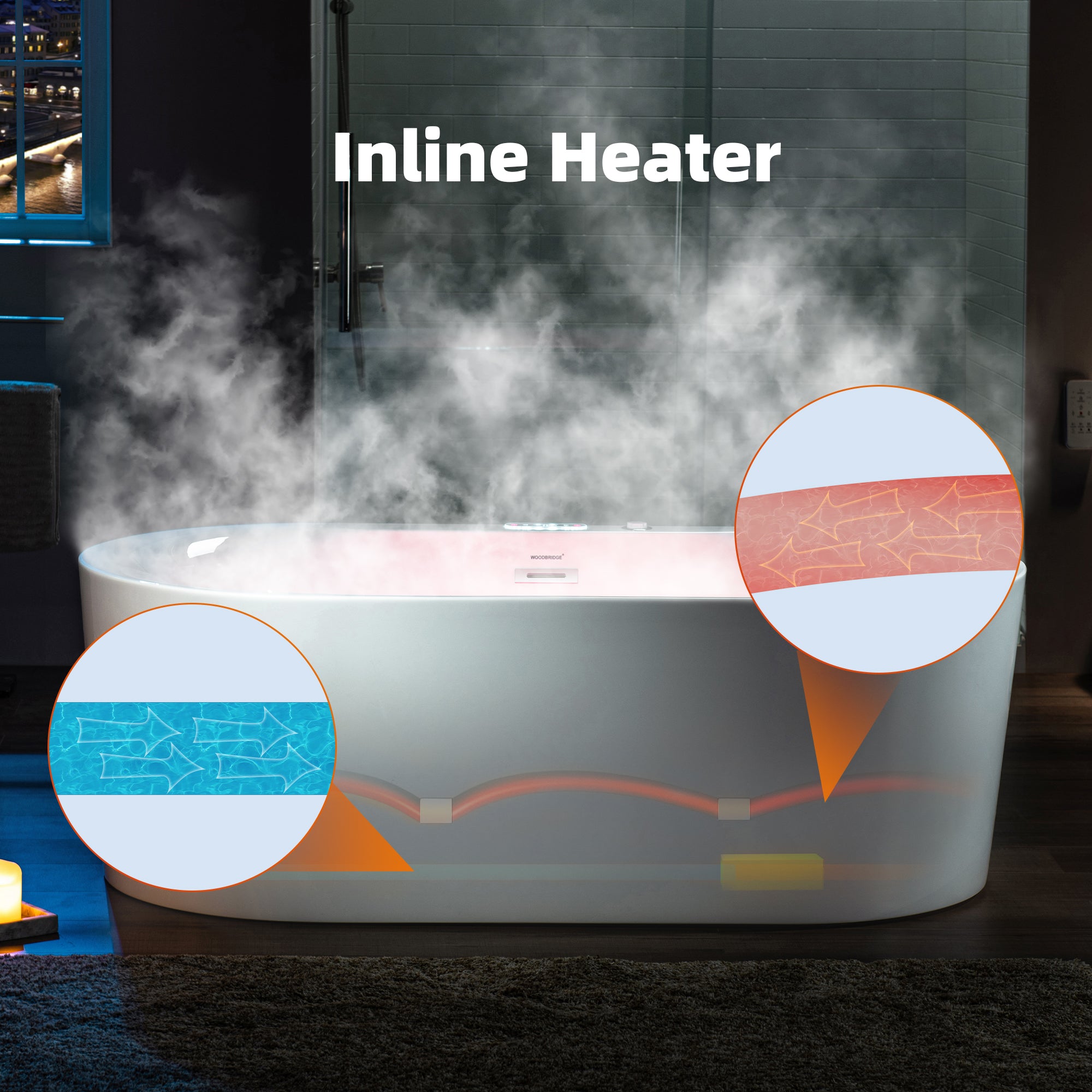 WOODBRIDGE 72" x 35-3/8" Whirlpool and Air Bath Heated Soaking Combination Tub with Adjustable Speed Air Blower and Display Control Panel