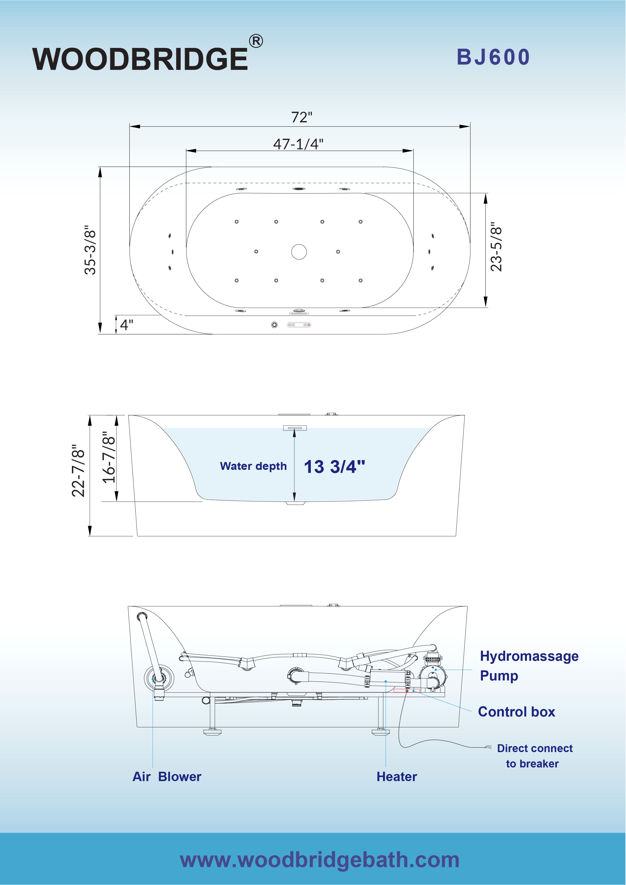 WOODBRIDGE 72" x 35-3/8" Whirlpool and Air Bath Heated Soaking Combination Tub with Adjustable Speed Air Blower and Display Control Panel