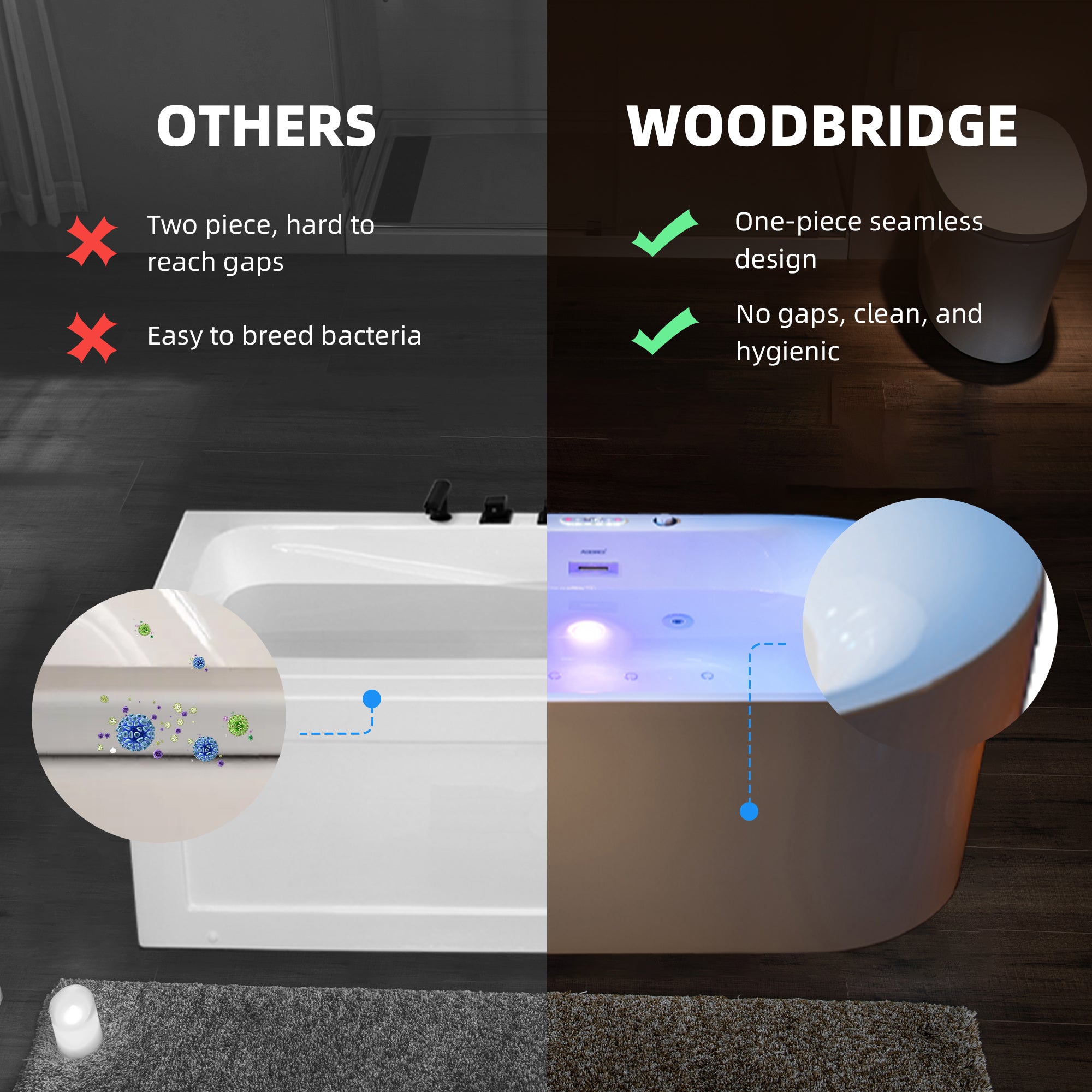 WOODBRIDGE 72" x 35-3/8" Whirlpool and Air Bath Heated Soaking Combination Tub with Adjustable Speed Air Blower and Display Control Panel