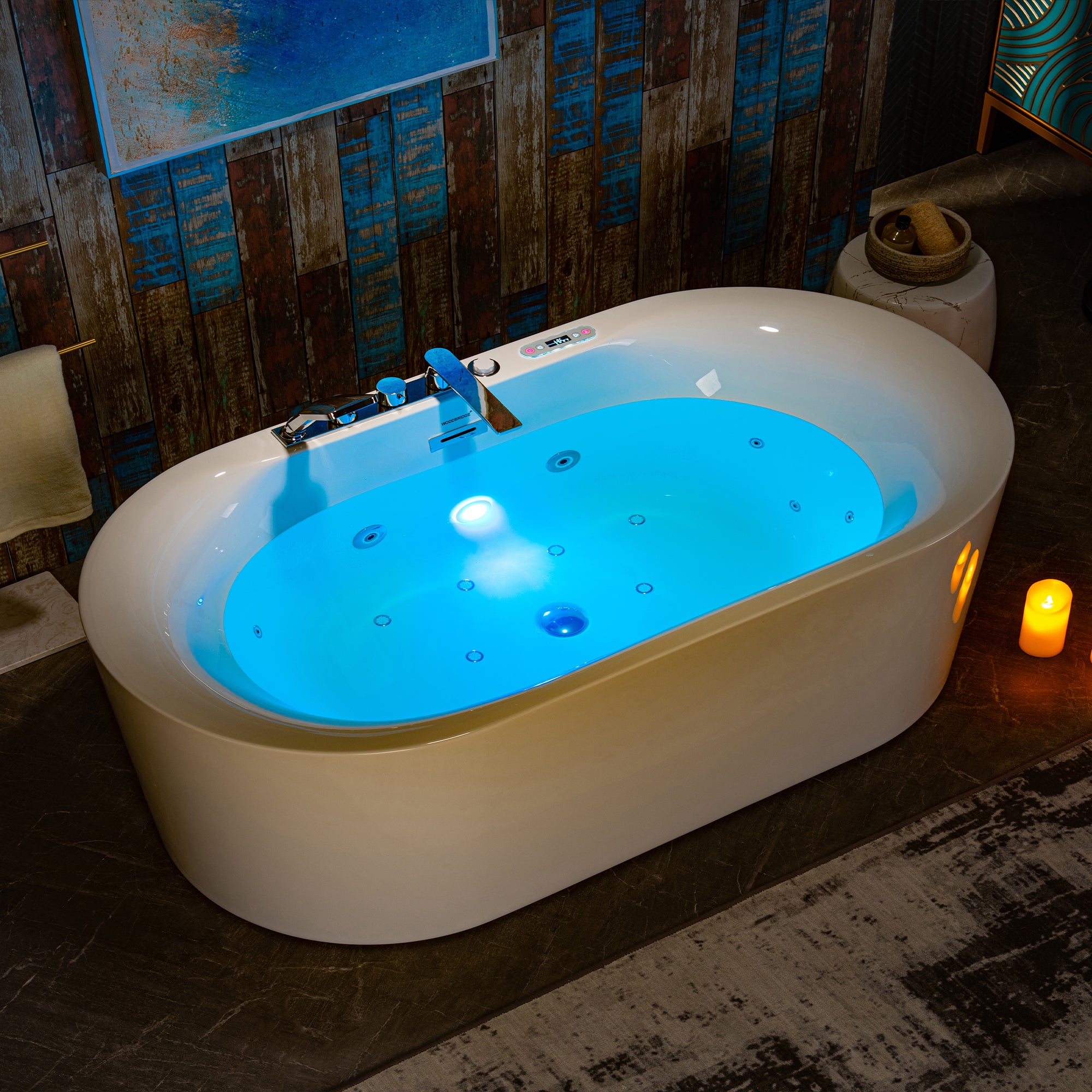 WOODBRIDGE 72" x 35-3/8" Whirlpool and Air Bath Heated Soaking Combination Tub with Adjustable Speed Air Blower, Tub Filler and Display Control Panel, White