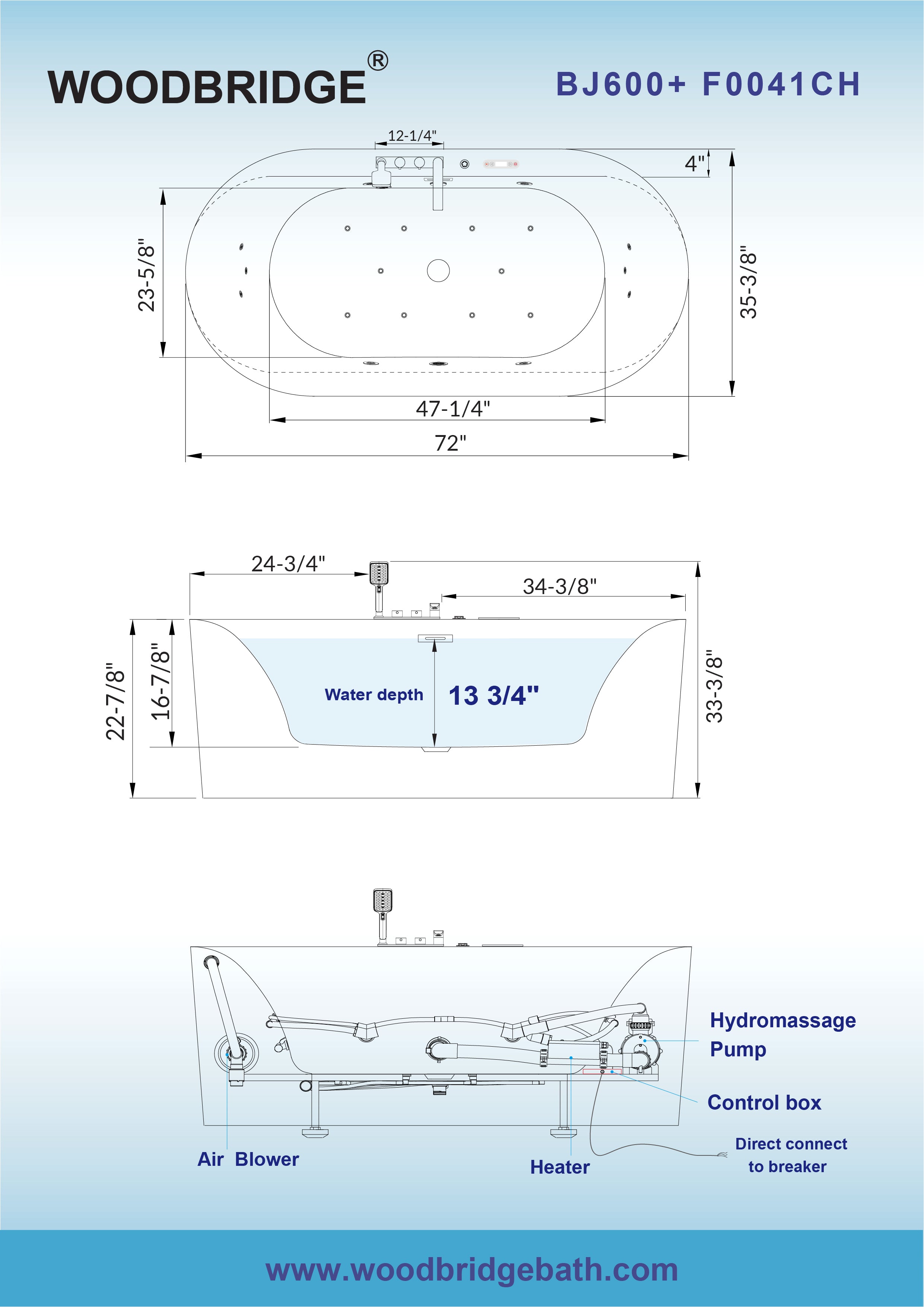 WOODBRIDGE 72" x 35-3/8" Whirlpool and Air Bath Heated Soaking Combination Tub with Adjustable Speed Air Blower, Tub Filler and Display Control Panel, White