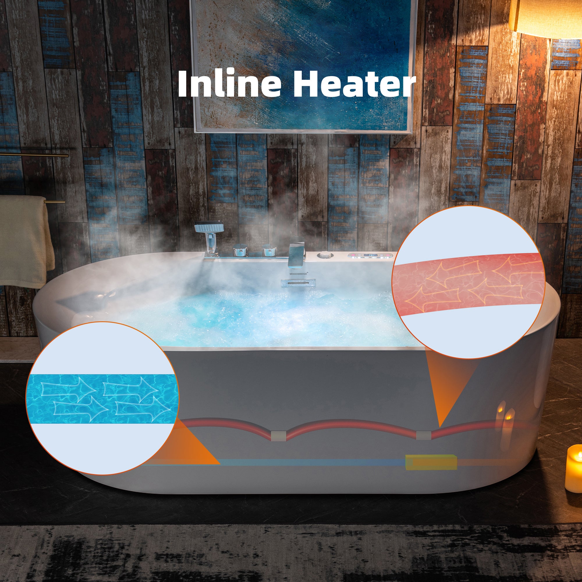 WOODBRIDGE 72" x 35-3/8" Whirlpool and Air Bath Heated Soaking Combination Tub with Adjustable Speed Air Blower, Tub Filler and Display Control Panel, White