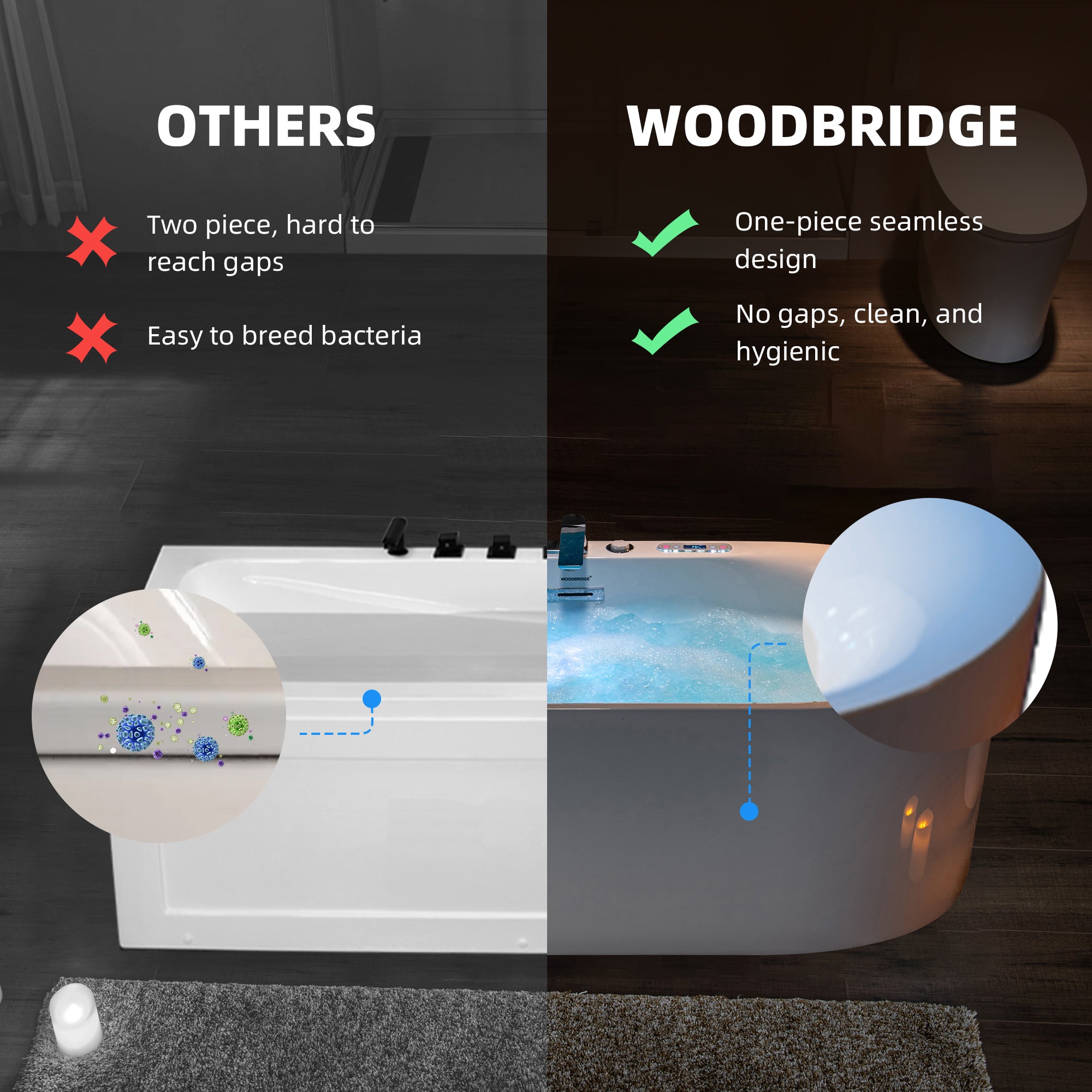 WOODBRIDGE 72" x 35-3/8" Whirlpool and Air Bath Heated Soaking Combination Tub with Adjustable Speed Air Blower, Tub Filler and Display Control Panel, White