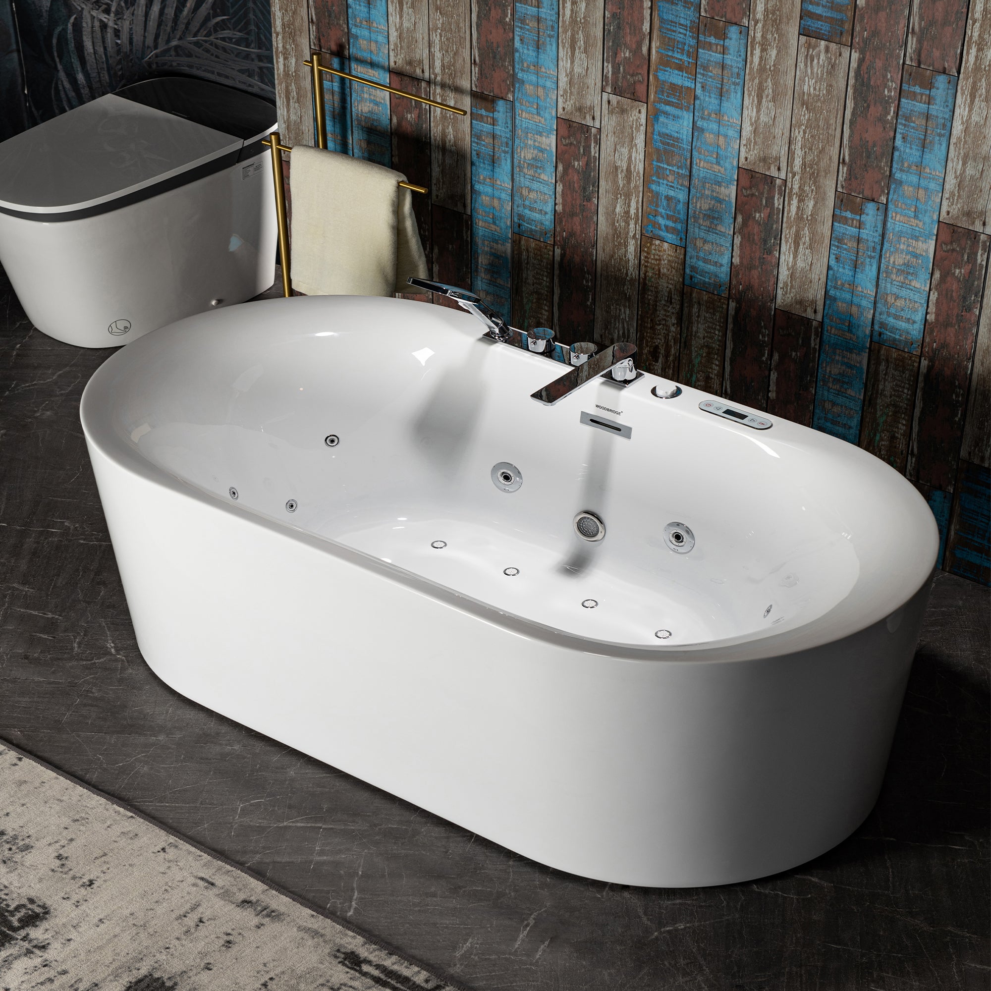 WOODBRIDGE 72" x 35-3/8" Whirlpool and Air Bath Heated Soaking Combination Tub with Adjustable Speed Air Blower, Tub Filler and Display Control Panel, White