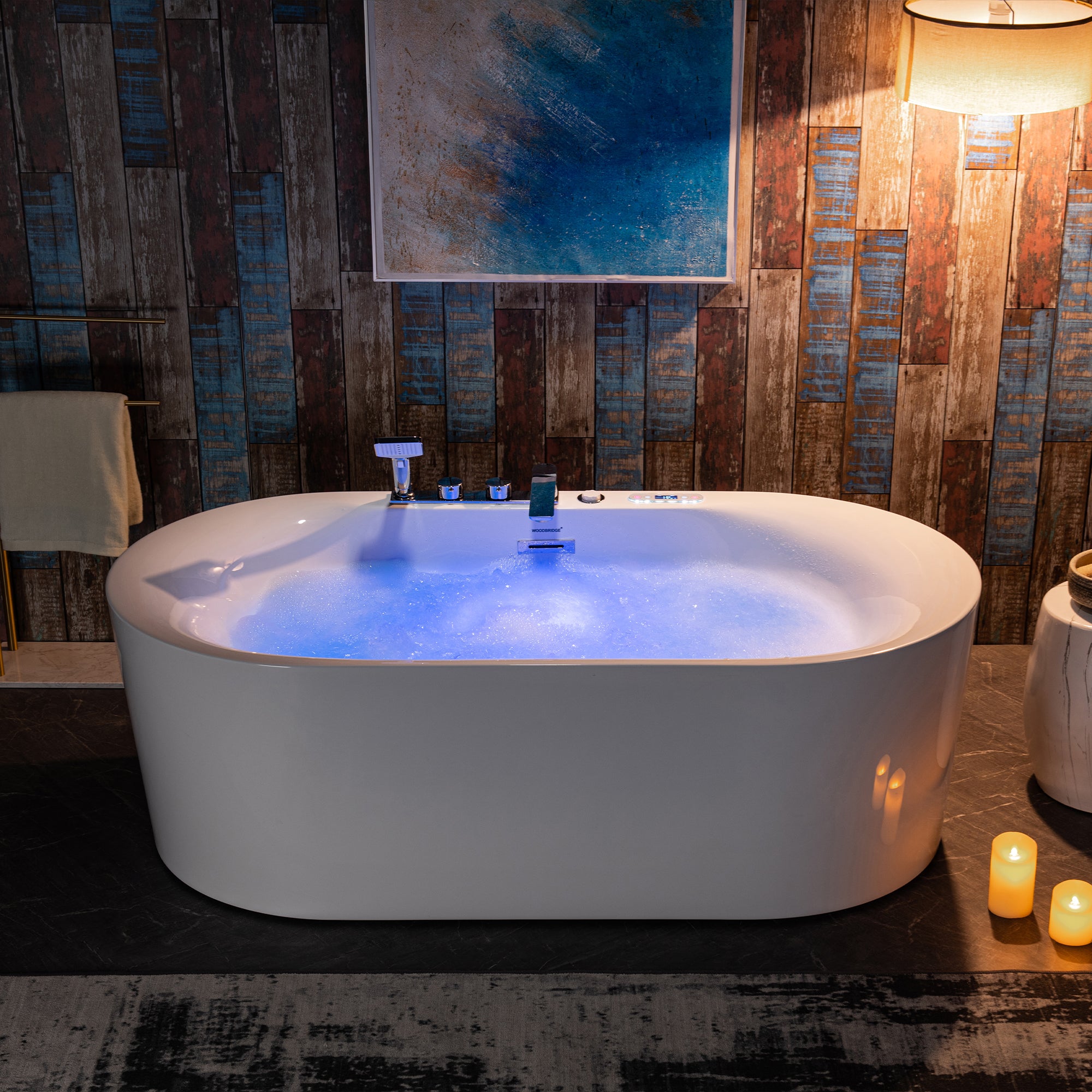 WOODBRIDGE 72" x 35-3/8" Whirlpool and Air Bath Heated Soaking Combination Tub with Adjustable Speed Air Blower, Tub Filler and Display Control Panel, White