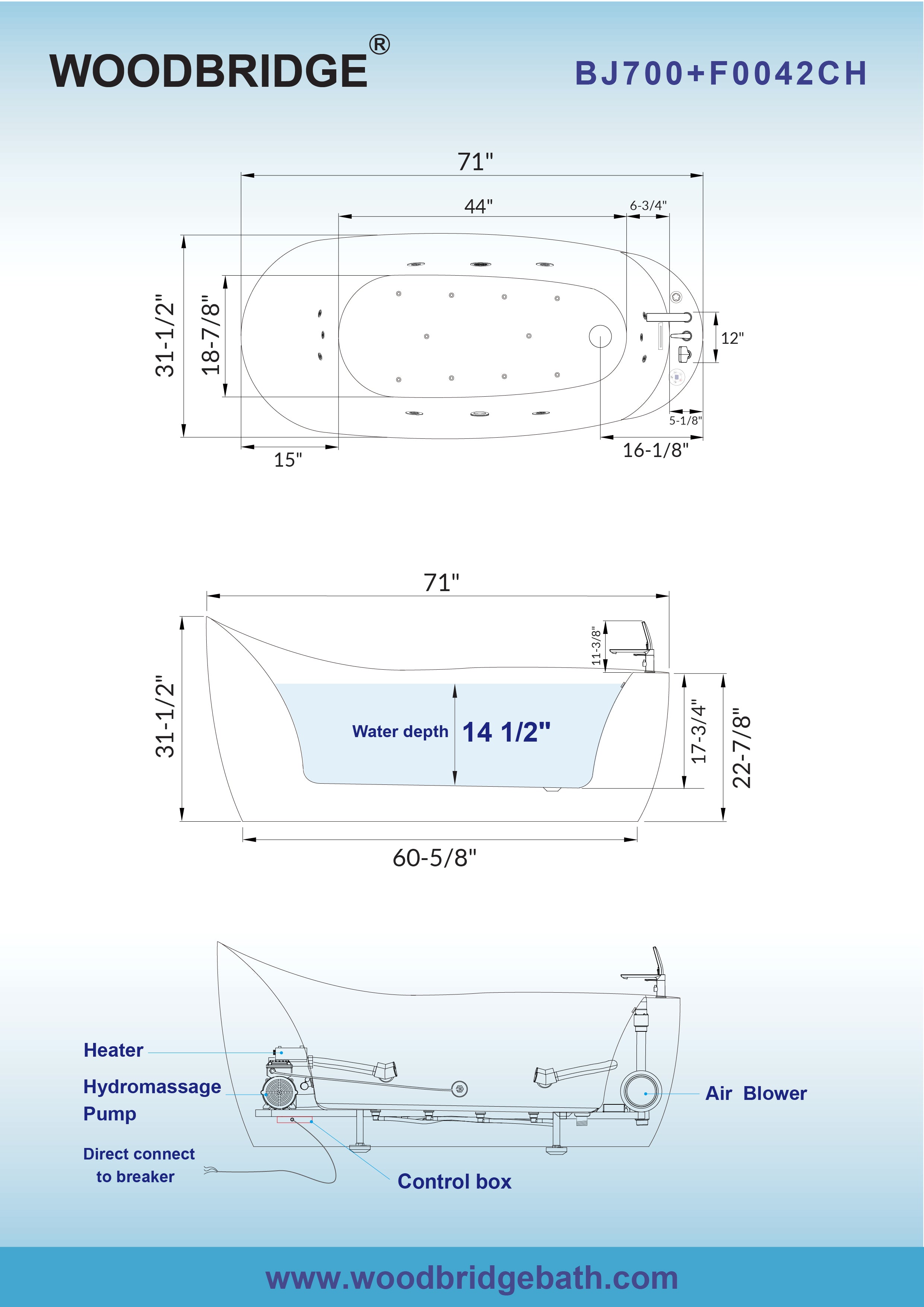 WOODBRIDGE 71" x 31-1/2" Whirlpool and Air Bath Heated Soaking Combination Tub with Adjustable Speed Air Blower, Tub Filler and Display Control Panel, White