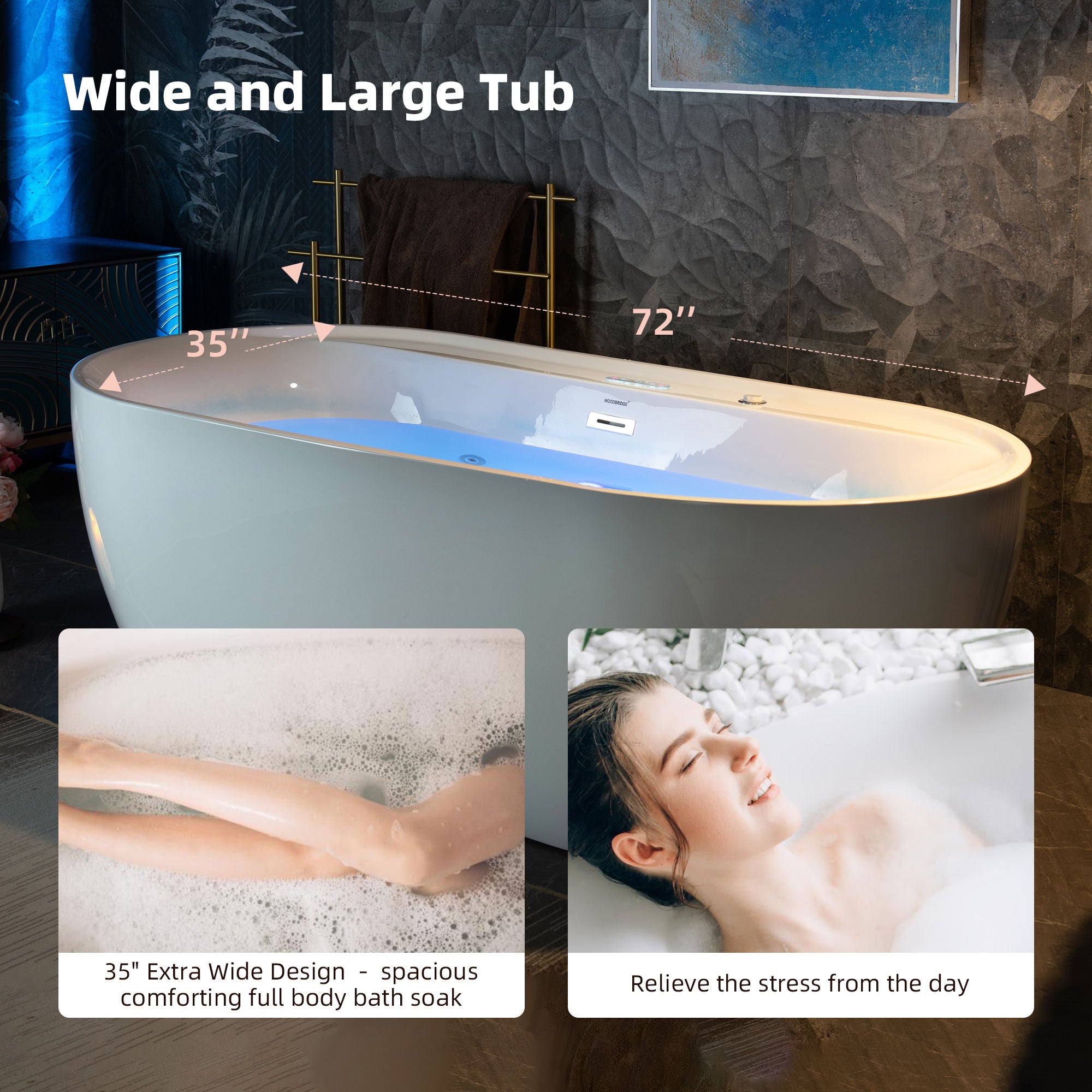 WOODBRIDGE 72" x 35-3/8" Whirlpool and Air Bath Heated Soaking Combination Tub