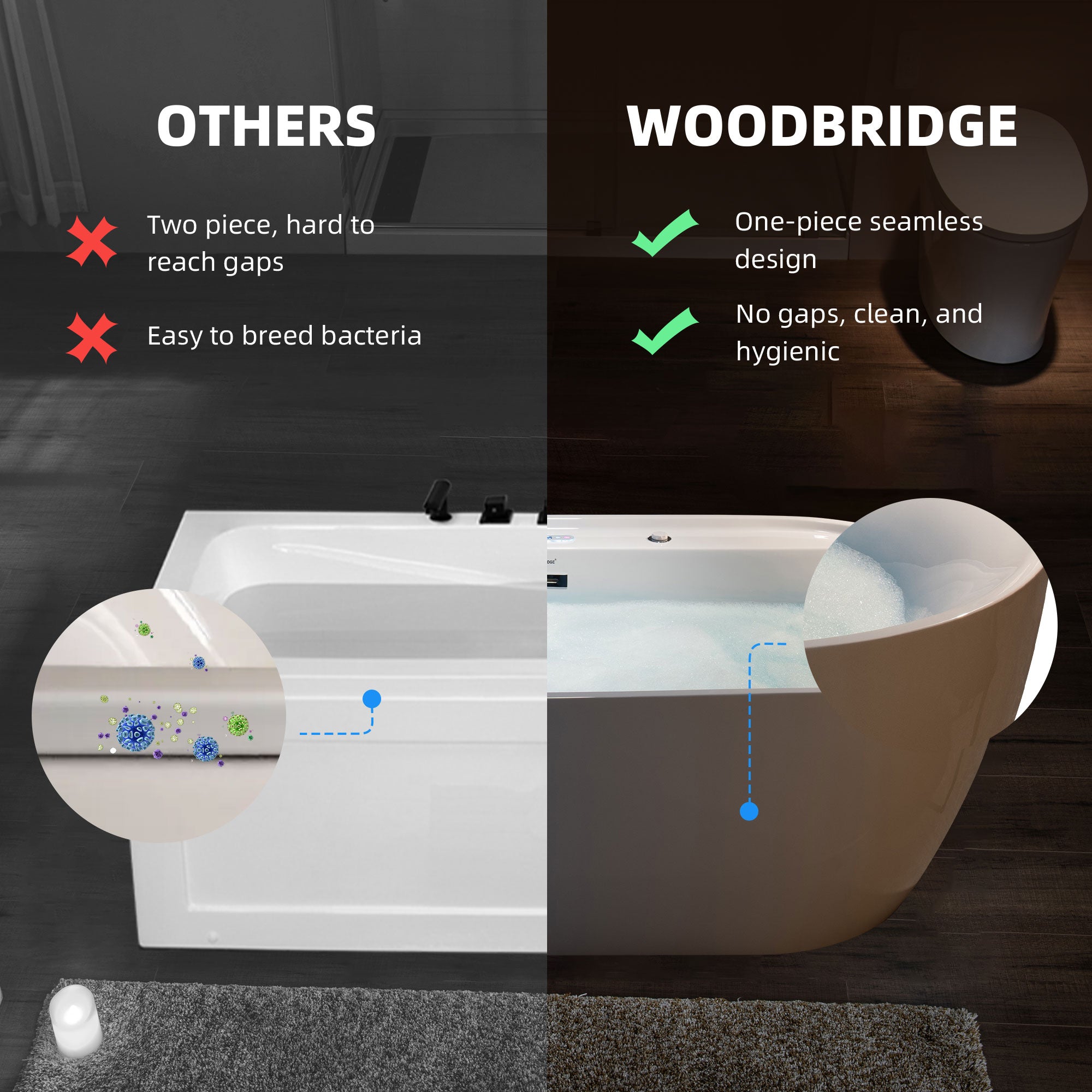 WOODBRIDGE 72" x 35-3/8" Whirlpool and Air Bath Heated Soaking Combination Tub