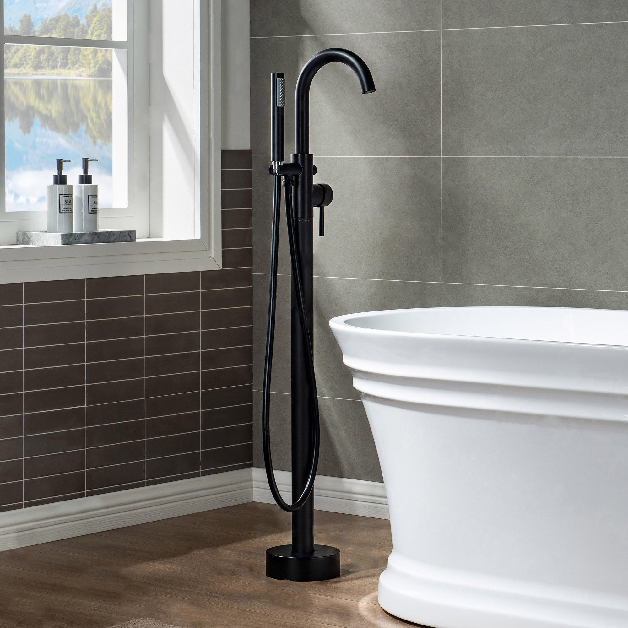 WOODBRIDGE F0001BNRD Contemporary Single Handle Floor Mount Freestanding Tub Filler Faucet with Hand shower