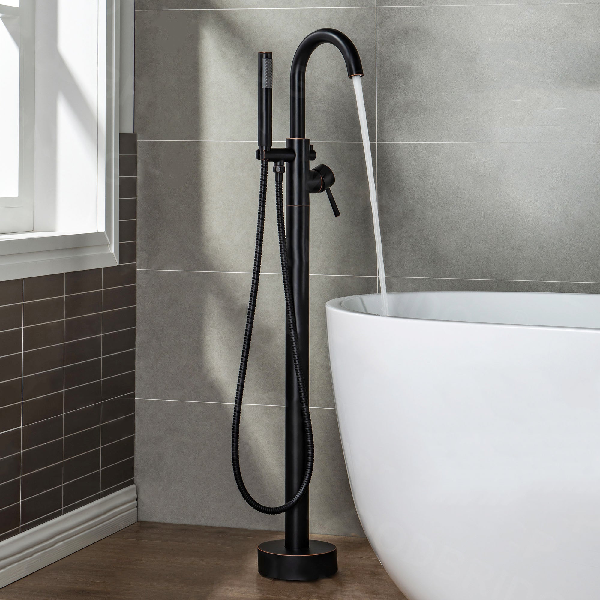 WOODBRIDGE F0001BNRD Contemporary Single Handle Floor Mount Freestanding Tub Filler Faucet with Hand shower