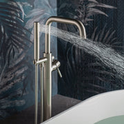 WOODBRIDGE Contemporary Single Handle Floor Mount Freestanding Tub Filler Faucet with 2 Function Cylinder Style Hand Shower