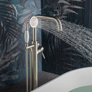 WOODBRIDGE Fusion Single Handle Floor Mount Freestanding Tub Filler Faucet with Classic Telephone Style Hand Shower