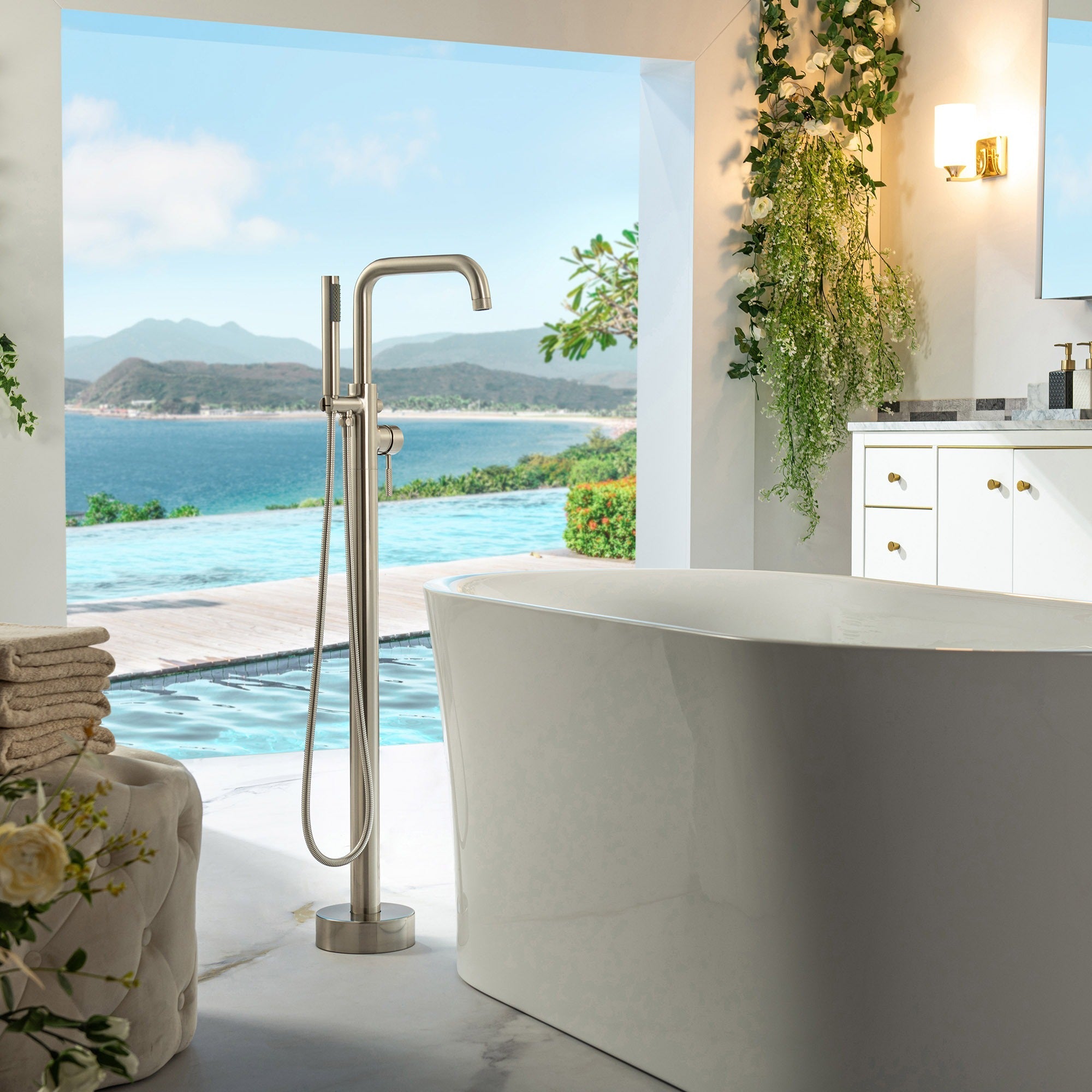 WOODBRIDGE Contemporary Single Handle Floor Mount Freestanding Tub Filler Faucet with Cylinder Style Hand Shower