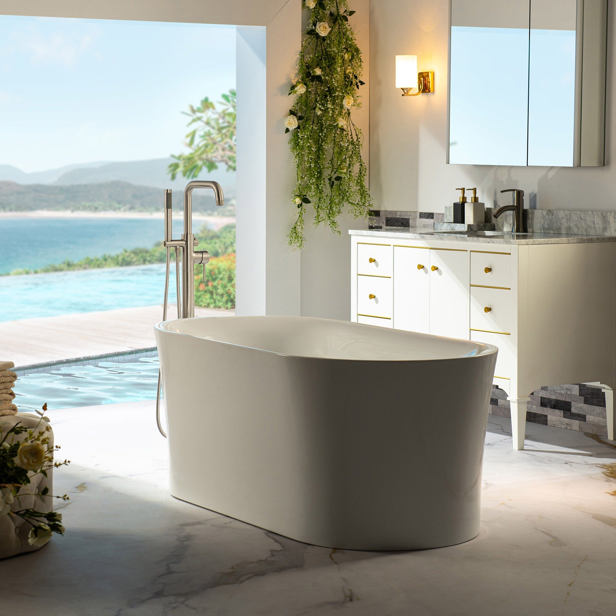 WOODBRIDGE Contemporary Single Handle Floor Mount Freestanding Tub Filler Faucet with Cylinder Style Hand Shower