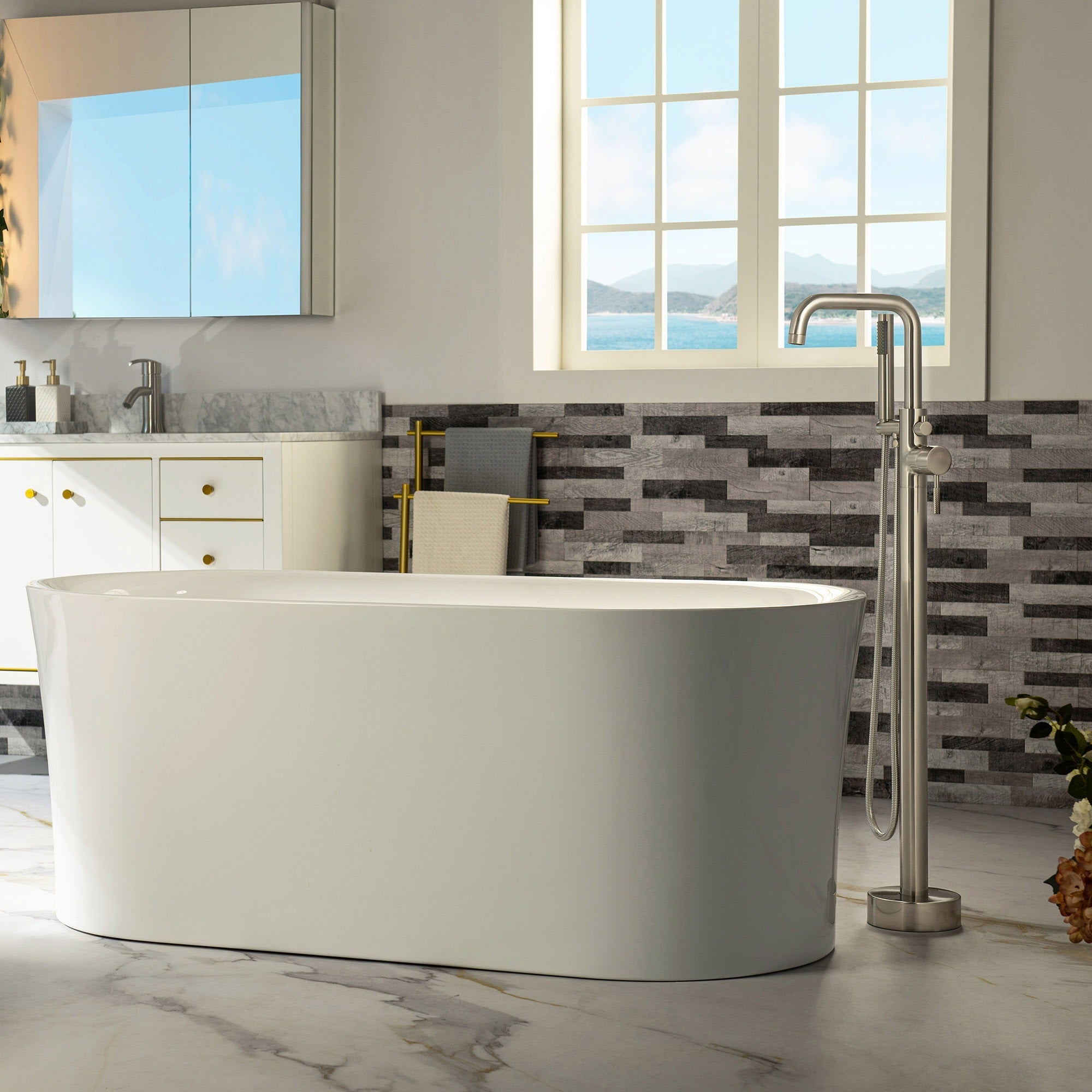 WOODBRIDGE Contemporary Single Handle Floor Mount Freestanding Tub Filler Faucet with Cylinder Style Hand Shower