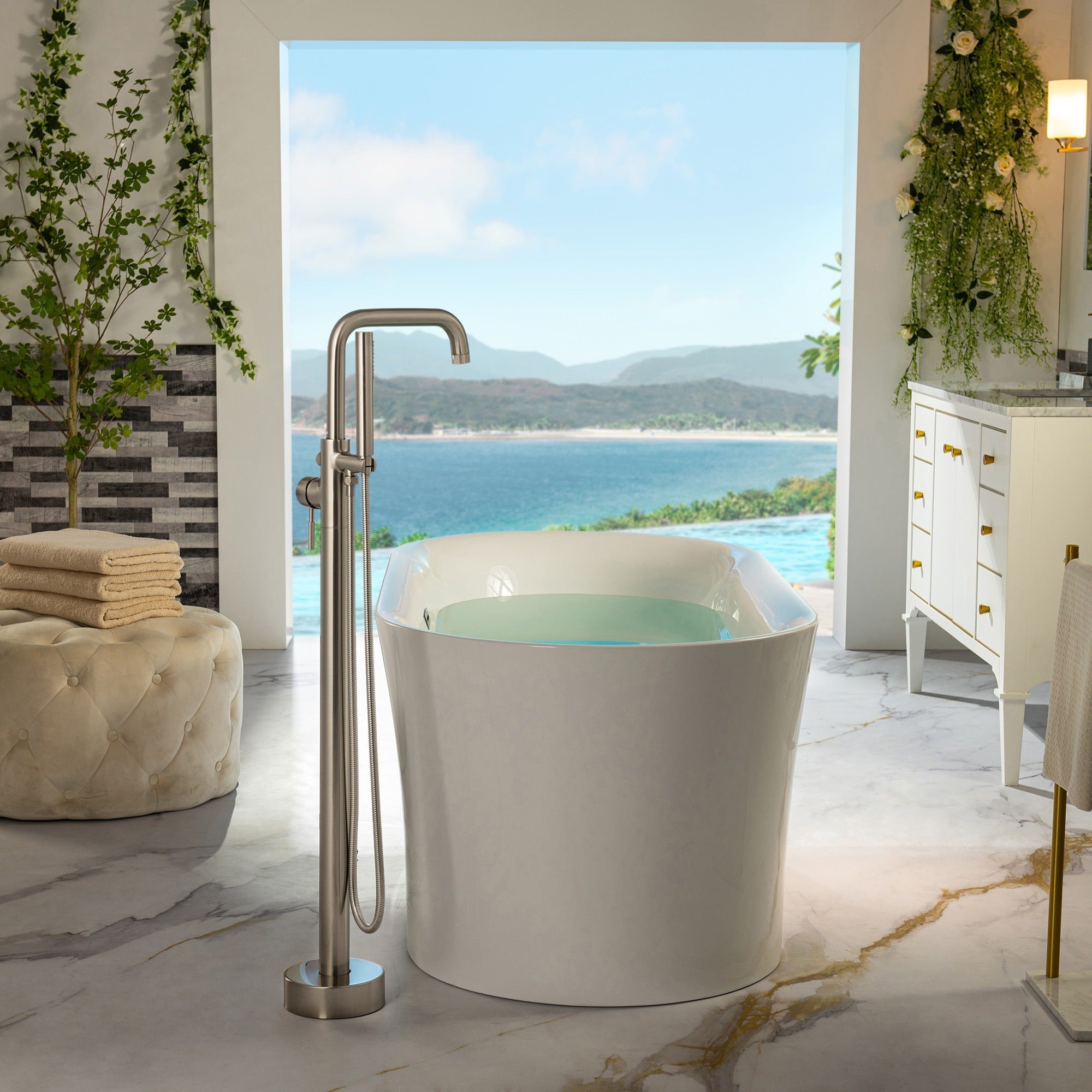 WOODBRIDGE Contemporary Single Handle Floor Mount Freestanding Tub Filler Faucet with Cylinder Style Hand Shower