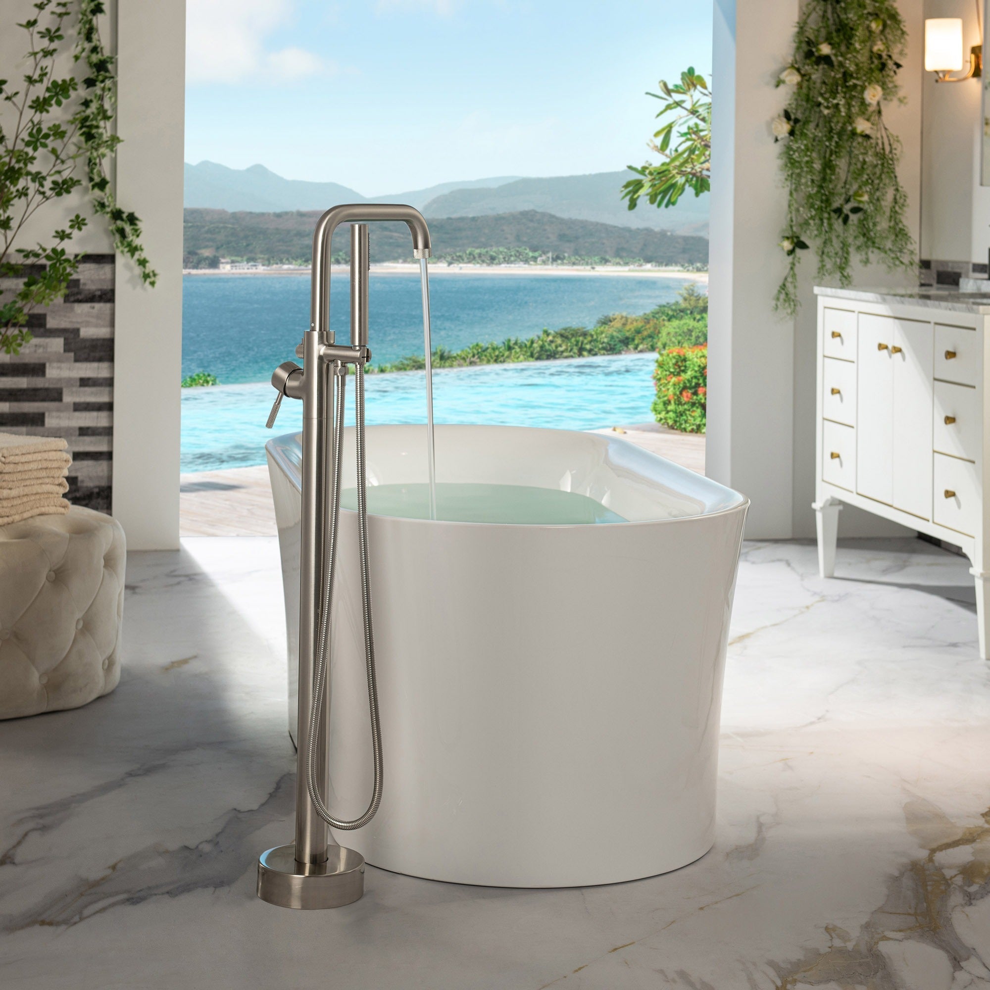 WOODBRIDGE Contemporary Single Handle Floor Mount Freestanding Tub Filler Faucet with Cylinder Style Hand Shower