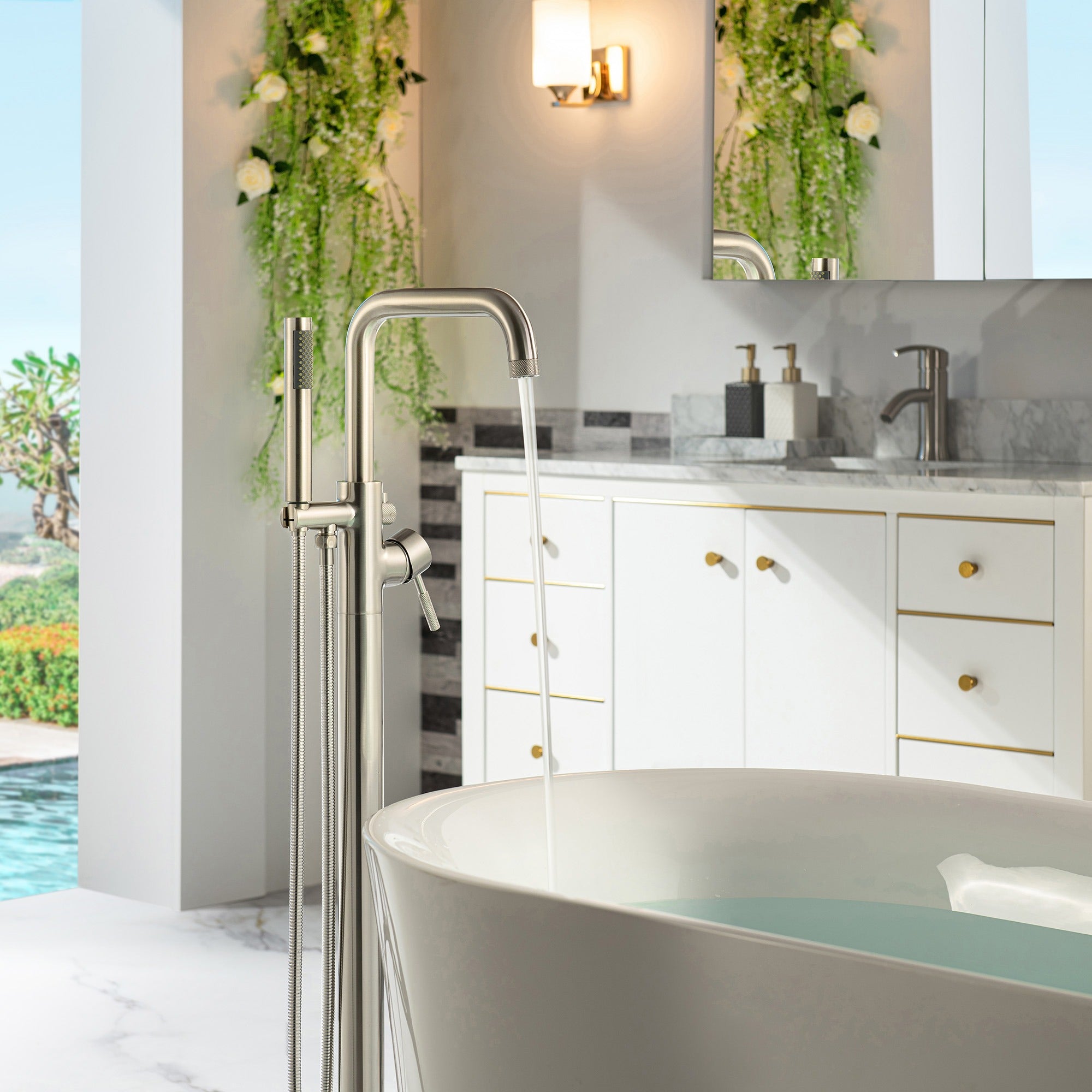 WOODBRIDGE Contemporary Single Handle Floor Mount Freestanding Tub Filler Faucet with Cylinder Style Hand Shower