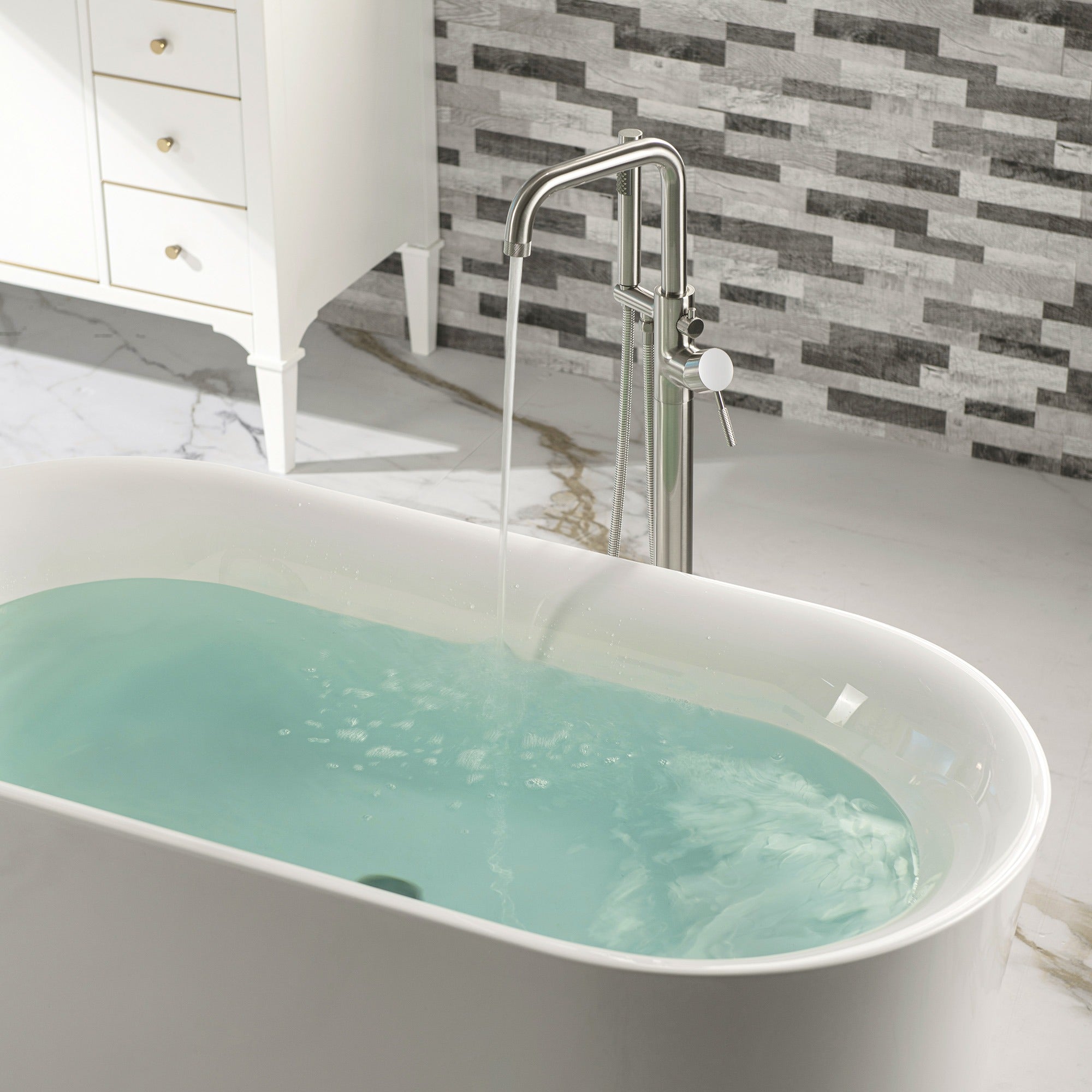 WOODBRIDGE Contemporary Single Handle Floor Mount Freestanding Tub Filler Faucet with Cylinder Style Hand Shower