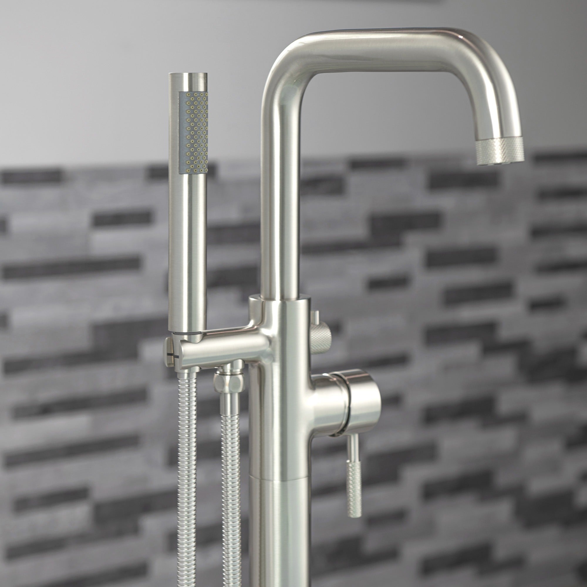 WOODBRIDGE Contemporary Single Handle Floor Mount Freestanding Tub Filler Faucet with Cylinder Style Hand Shower