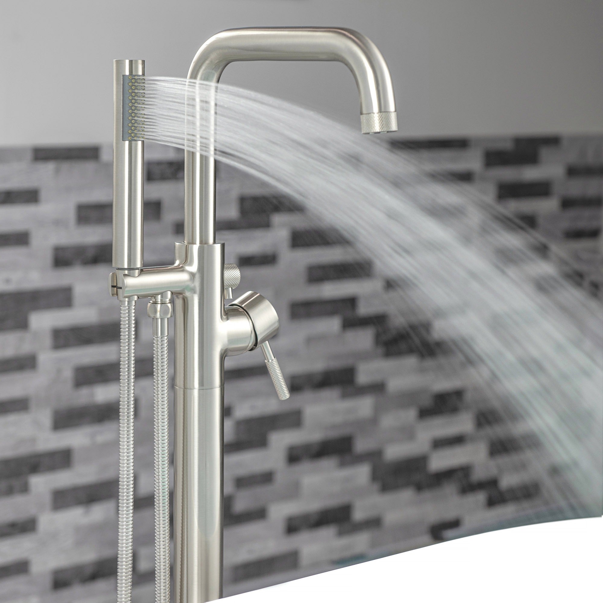 WOODBRIDGE Contemporary Single Handle Floor Mount Freestanding Tub Filler Faucet with Cylinder Style Hand Shower
