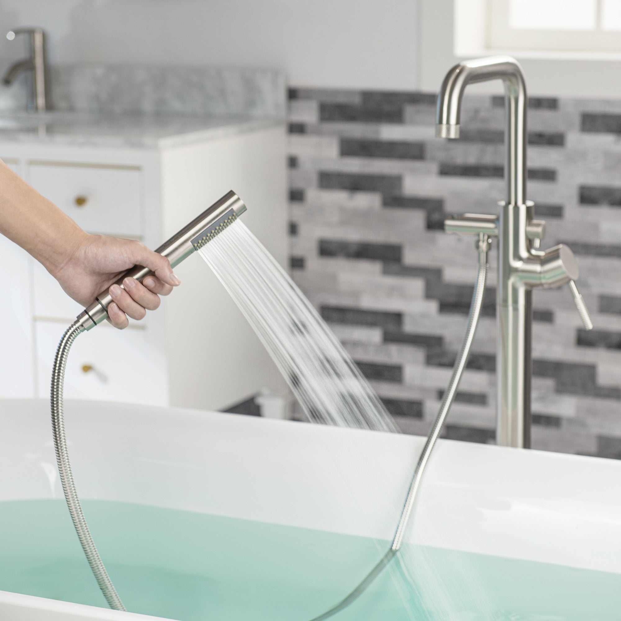 WOODBRIDGE Contemporary Single Handle Floor Mount Freestanding Tub Filler Faucet with Cylinder Style Hand Shower