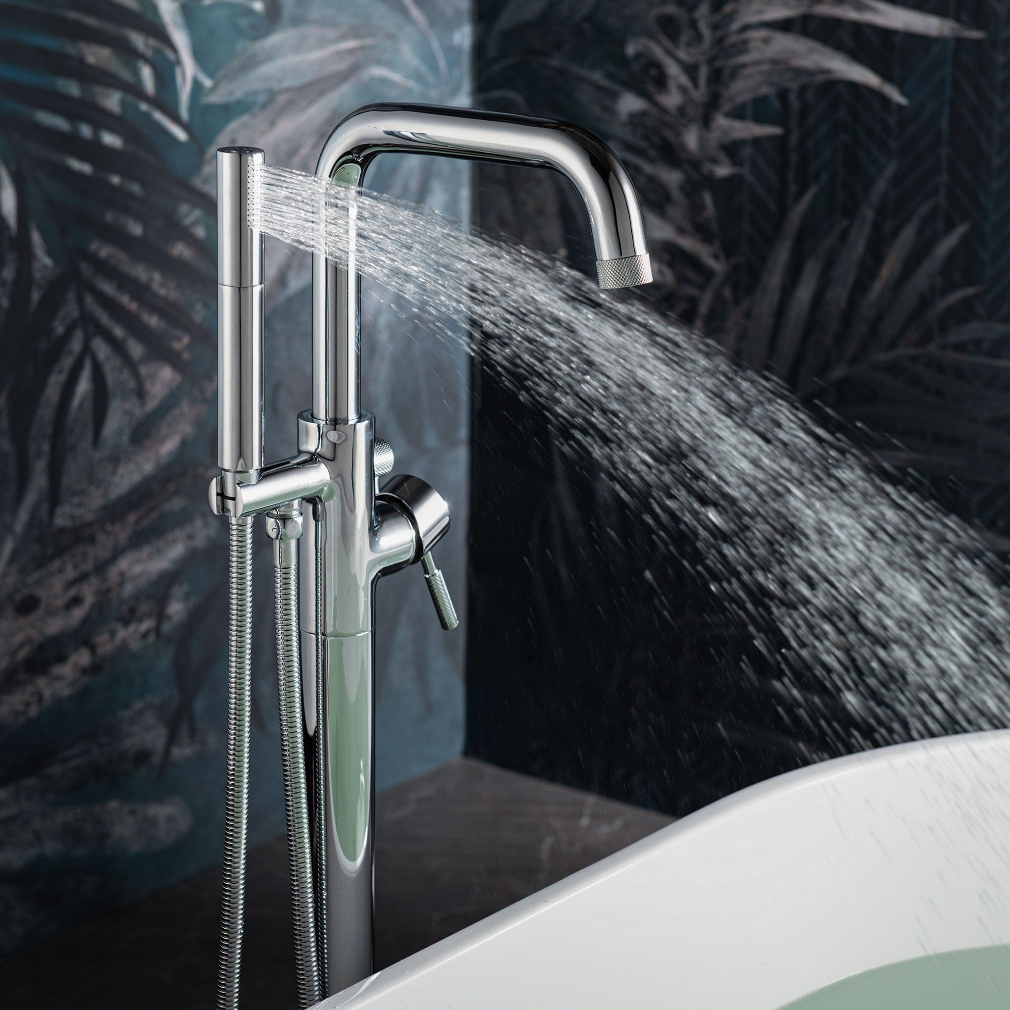 WOODBRIDGE Contemporary Single Handle Floor Mount Freestanding Tub Filler Faucet with 2 Function Cylinder Style Hand Shower