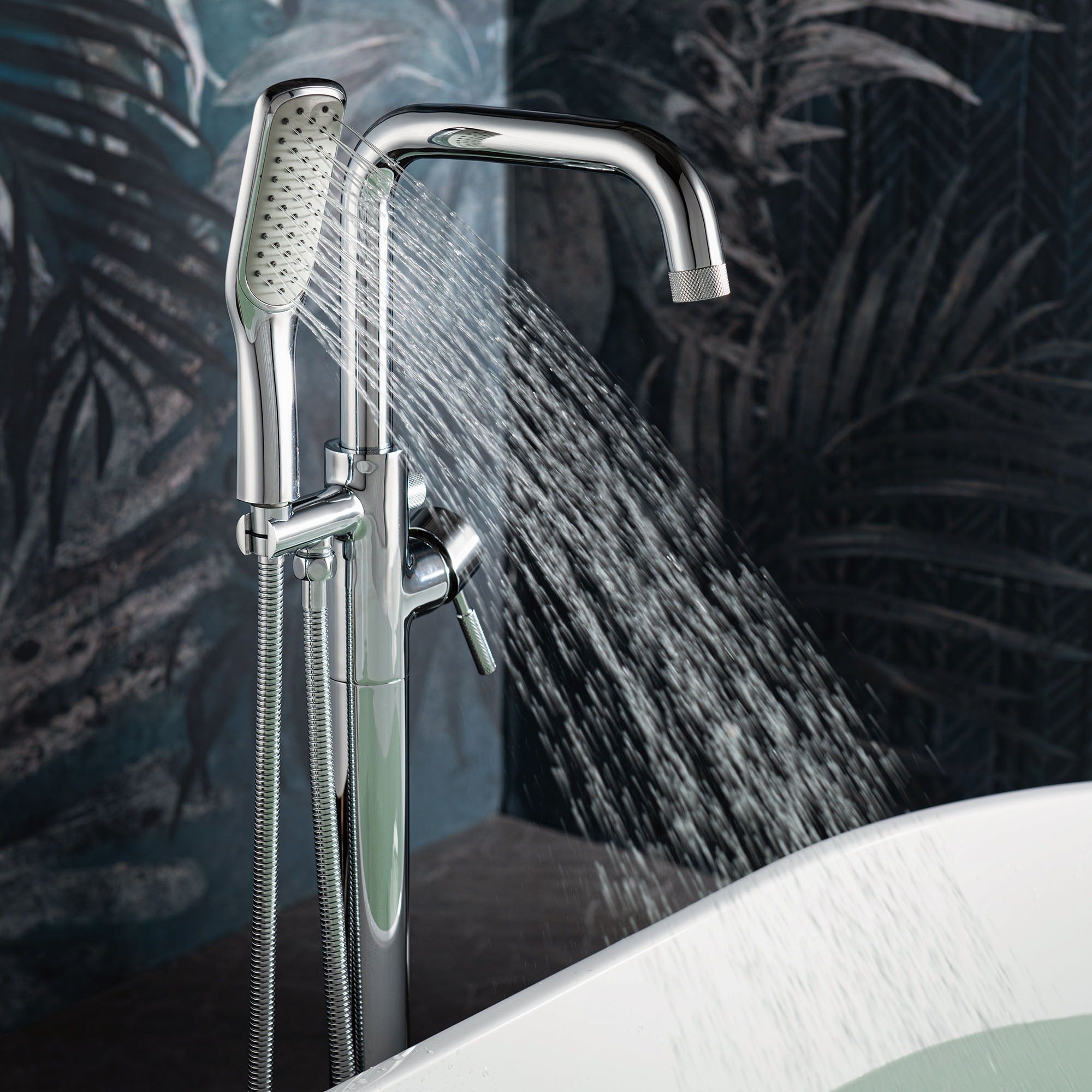 WOODBRIDGE Fusion Single Handle Floor Mount Freestanding Tub Filler Faucet with Square Shape Hand Shower