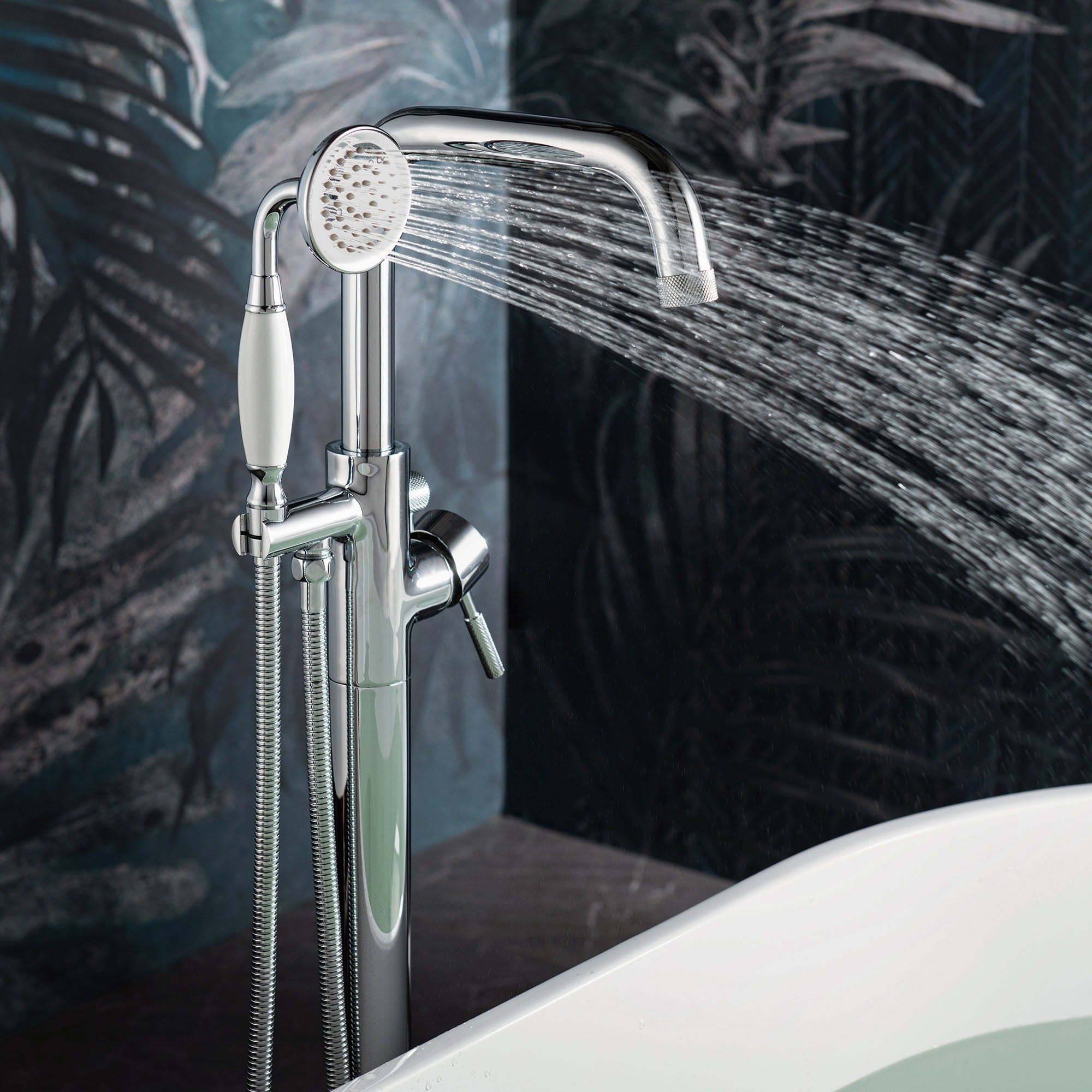 WOODBRIDGE Fusion Single Handle Floor Mount Freestanding Tub Filler Faucet with Classic Telephone Style Hand Shower