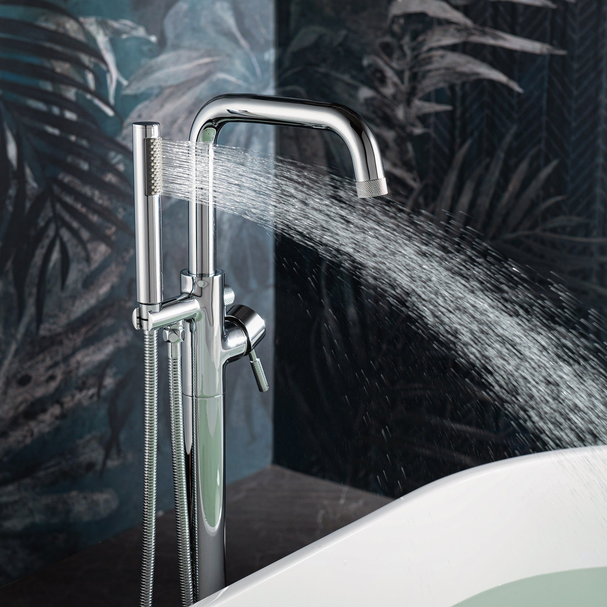 WOODBRIDGE Contemporary Single Handle Floor Mount Freestanding Tub Filler Faucet with Cylinder Style Hand Shower
