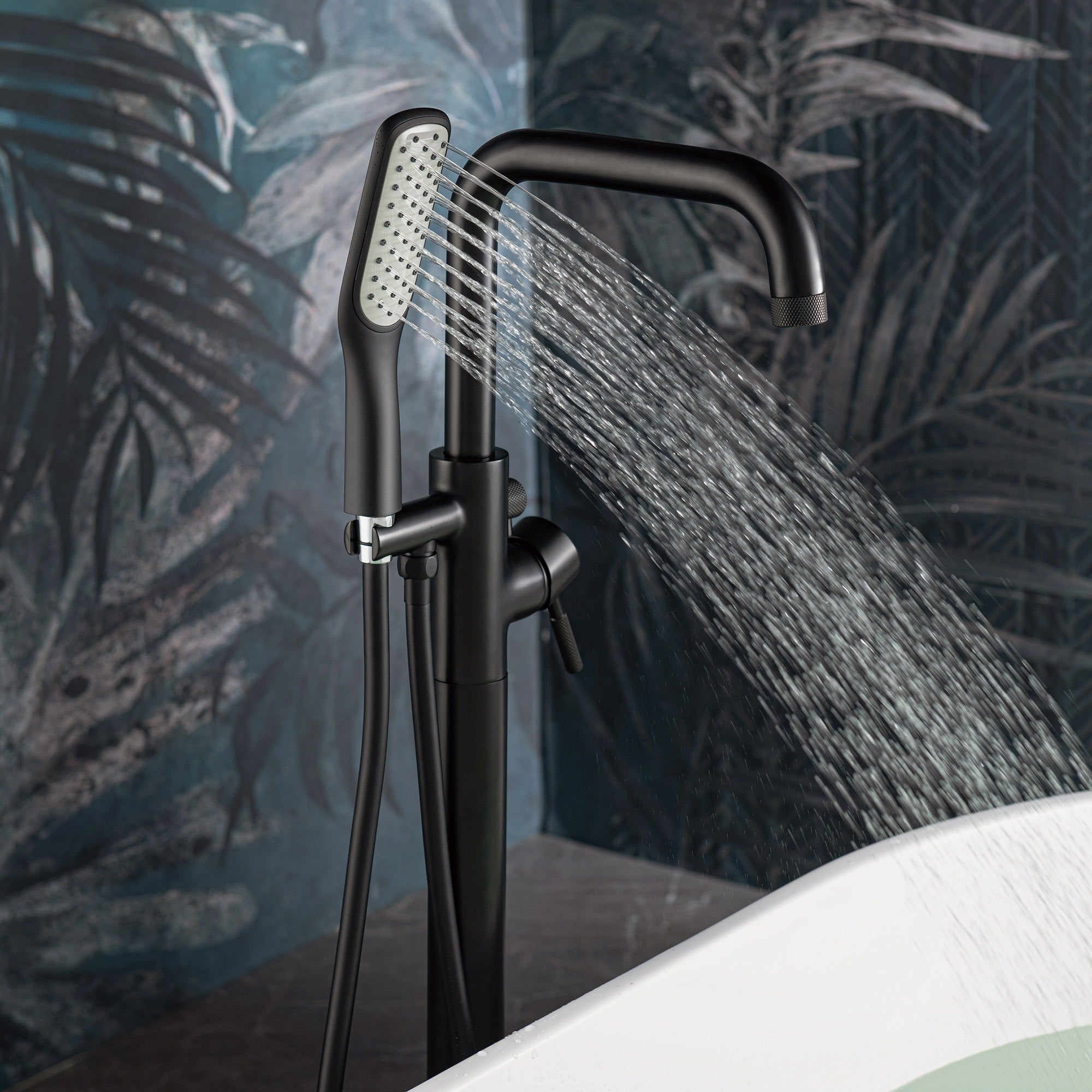 WOODBRIDGE Fusion Single Handle Floor Mount Freestanding Tub Filler Faucet with Square Shape Hand Shower