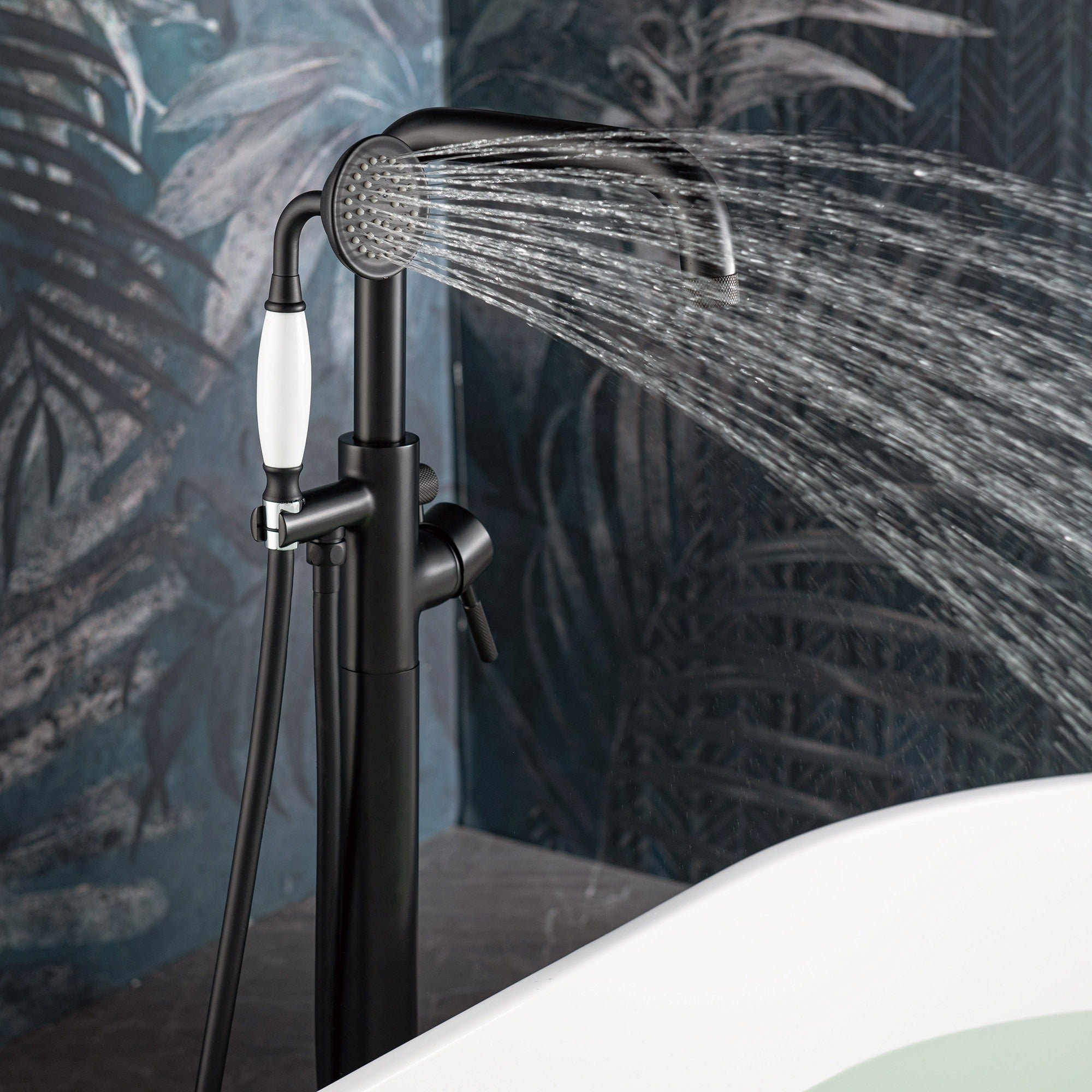 WOODBRIDGE Fusion Single Handle Floor Mount Freestanding Tub Filler Faucet with Classic Telephone Style Hand Shower