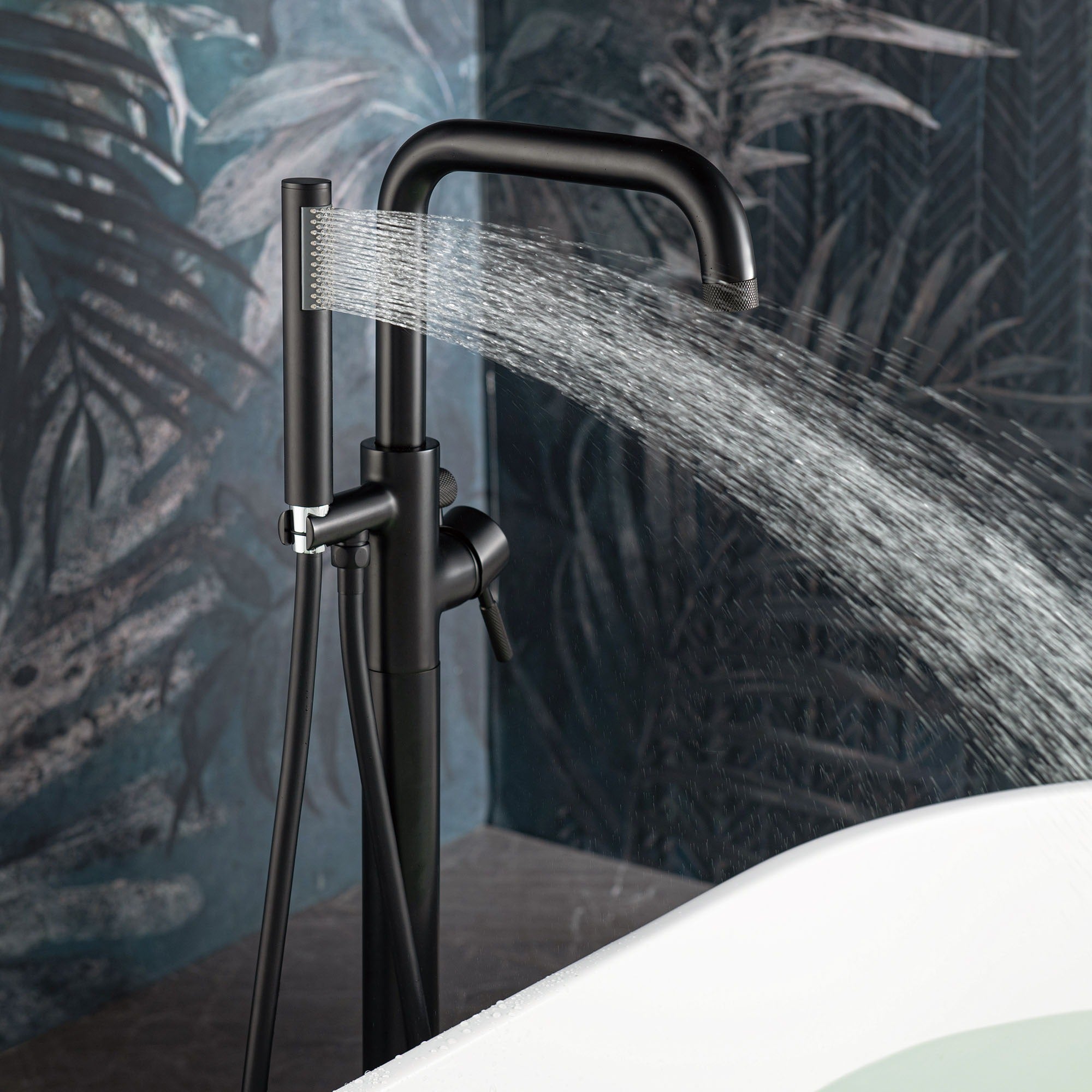WOODBRIDGE Contemporary Single Handle Floor Mount Freestanding Tub Filler Faucet with Cylinder Style Hand Shower