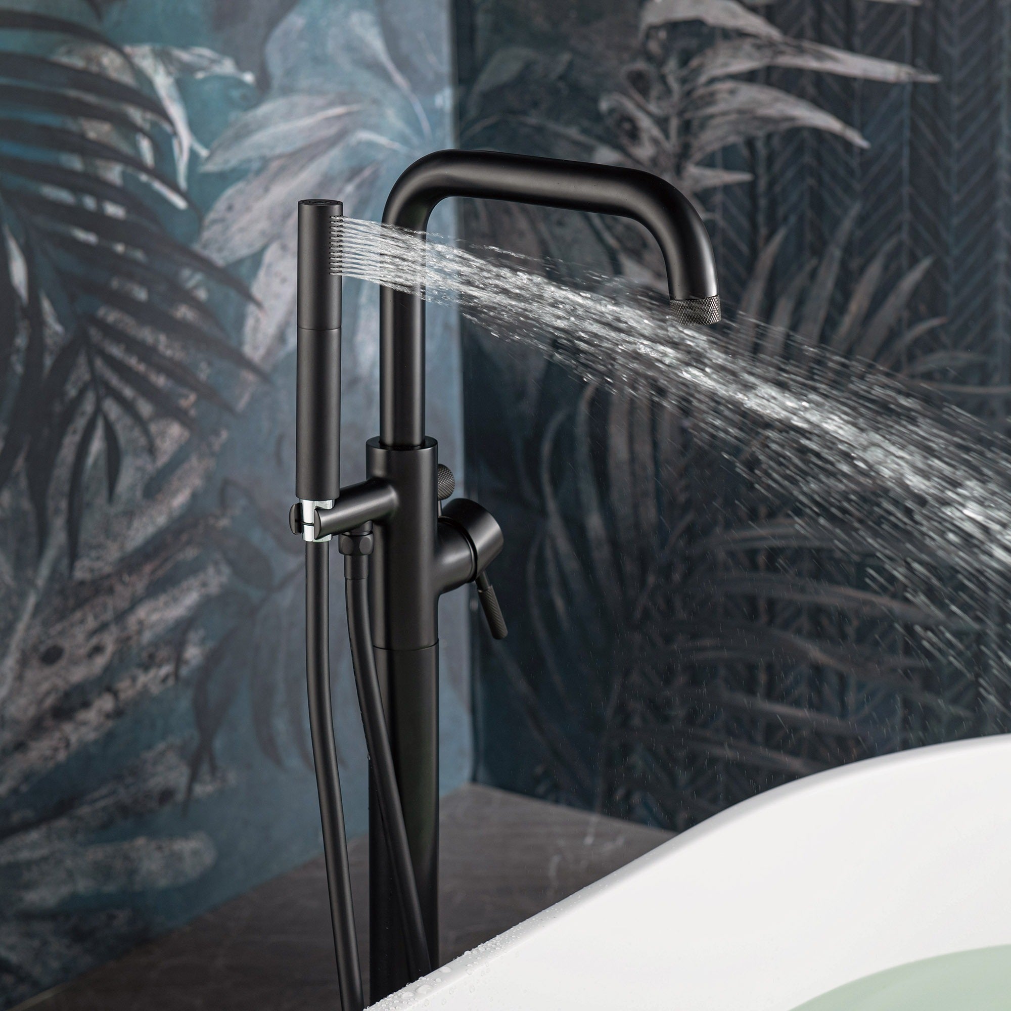 WOODBRIDGE Contemporary Single Handle Floor Mount Freestanding Tub Filler Faucet with 2 Function Cylinder Style Hand Shower