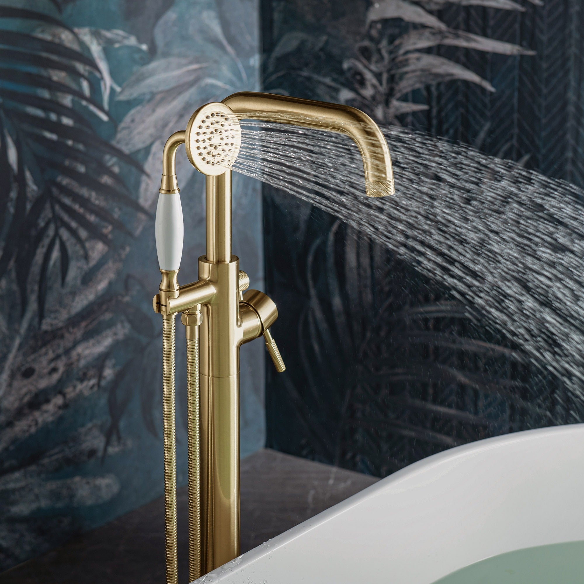 WOODBRIDGE Fusion Single Handle Floor Mount Freestanding Tub Filler Faucet with Classic Telephone Style Hand Shower