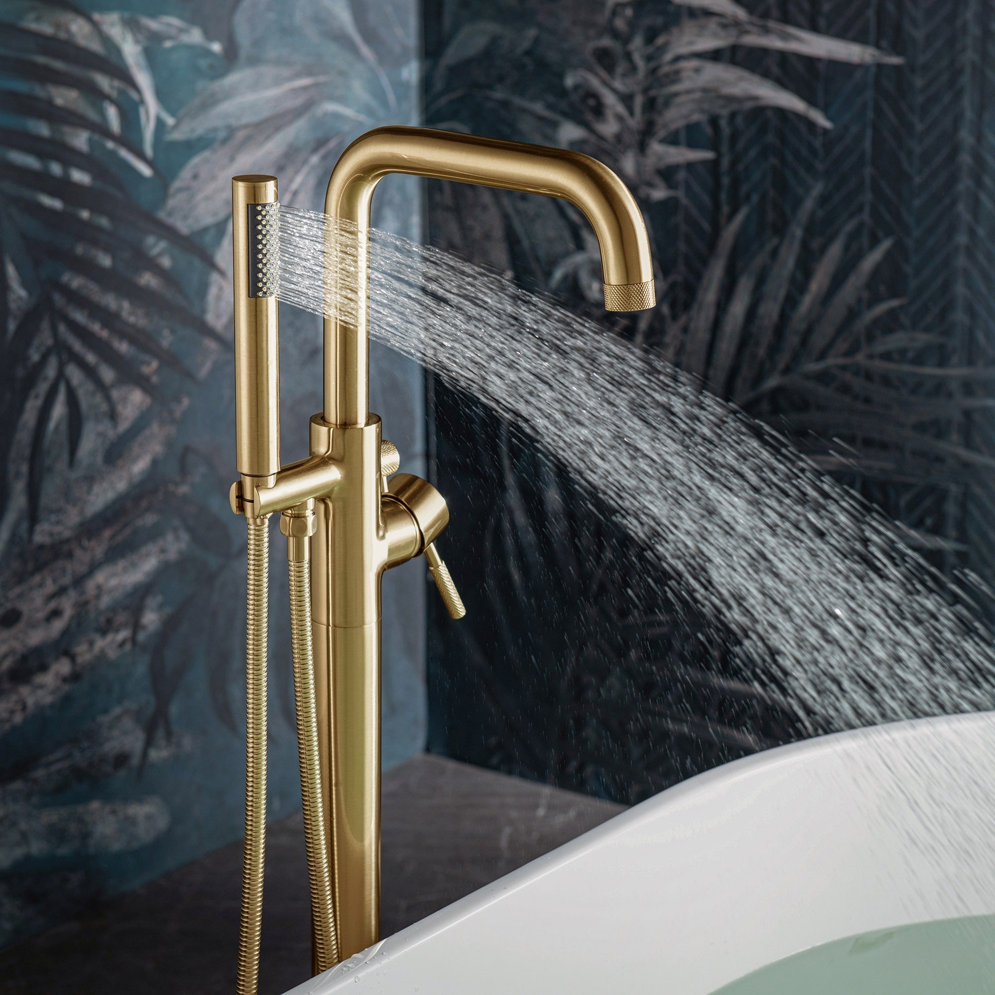 WOODBRIDGE Contemporary Single Handle Floor Mount Freestanding Tub Filler Faucet with Cylinder Style Hand Shower