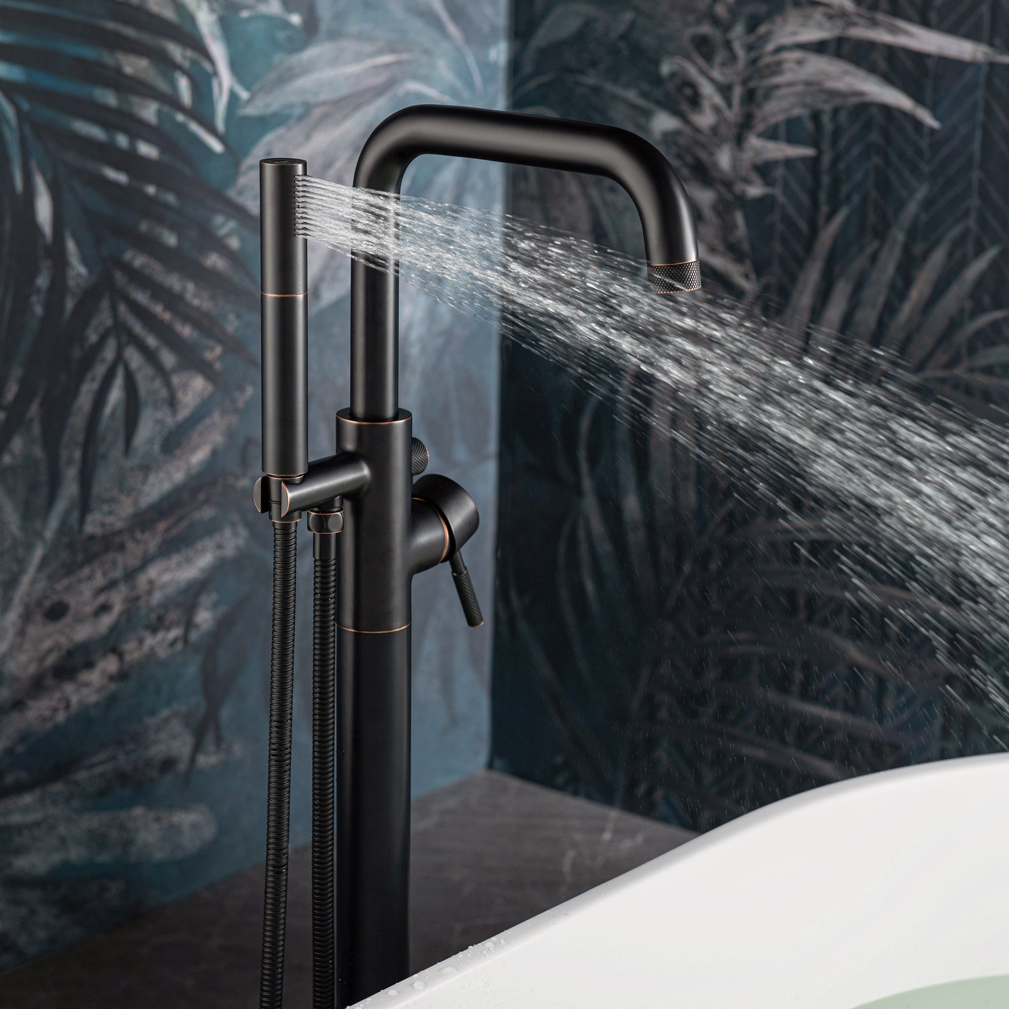 WOODBRIDGE Contemporary Single Handle Floor Mount Freestanding Tub Filler Faucet with 2 Function Cylinder Style Hand Shower