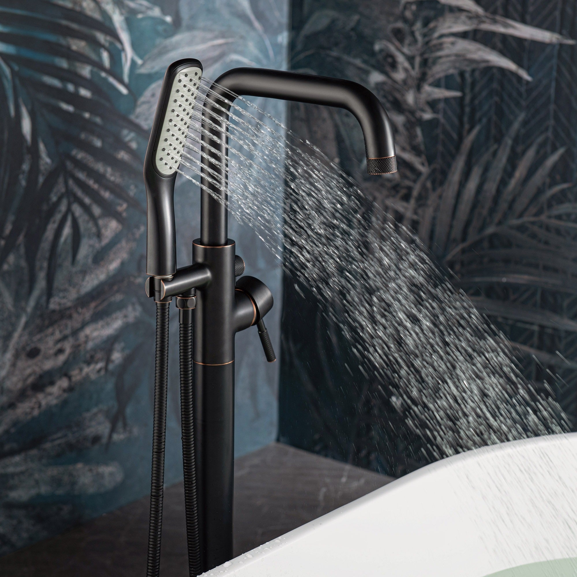 WOODBRIDGE Fusion Single Handle Floor Mount Freestanding Tub Filler Faucet with Square Shape Hand Shower