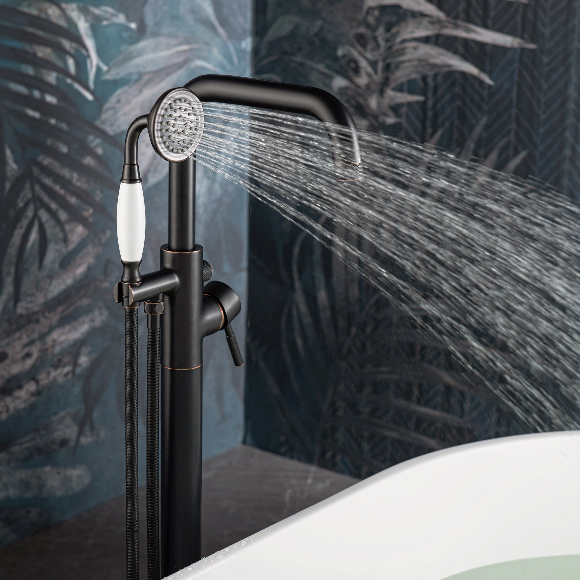 WOODBRIDGE Fusion Single Handle Floor Mount Freestanding Tub Filler Faucet with Classic Telephone Style Hand Shower