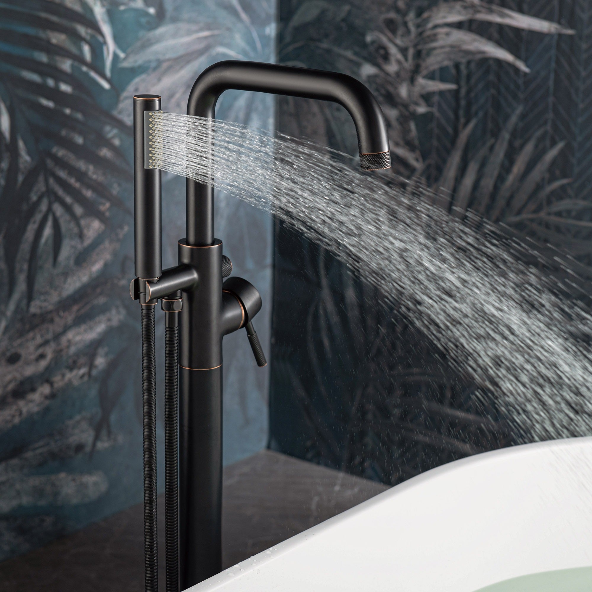 WOODBRIDGE Contemporary Single Handle Floor Mount Freestanding Tub Filler Faucet with Cylinder Style Hand Shower