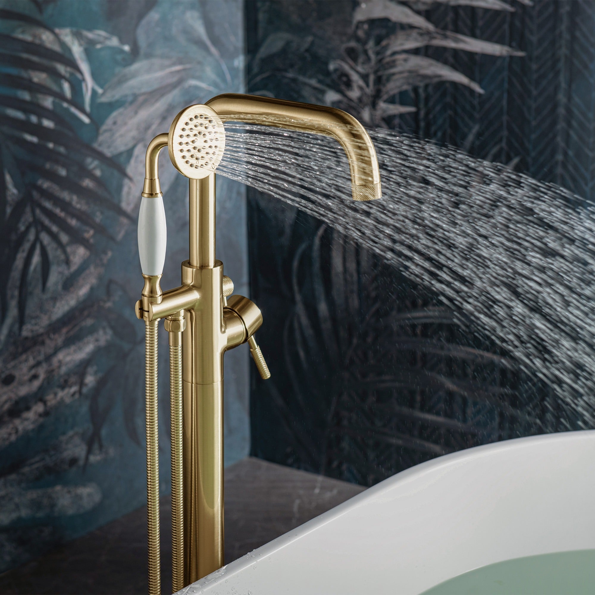 WOODBRIDGE Fusion Single Handle Floor Mount Freestanding Tub Filler Faucet with Classic Telephone Style Hand Shower